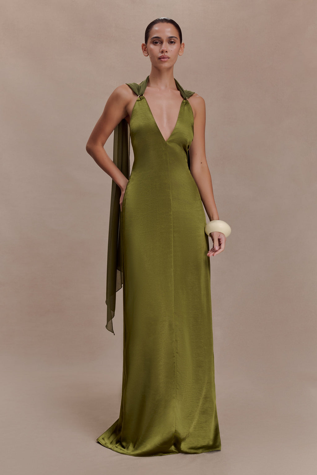 Myla Draped Shoulders Satin Maxi Dress