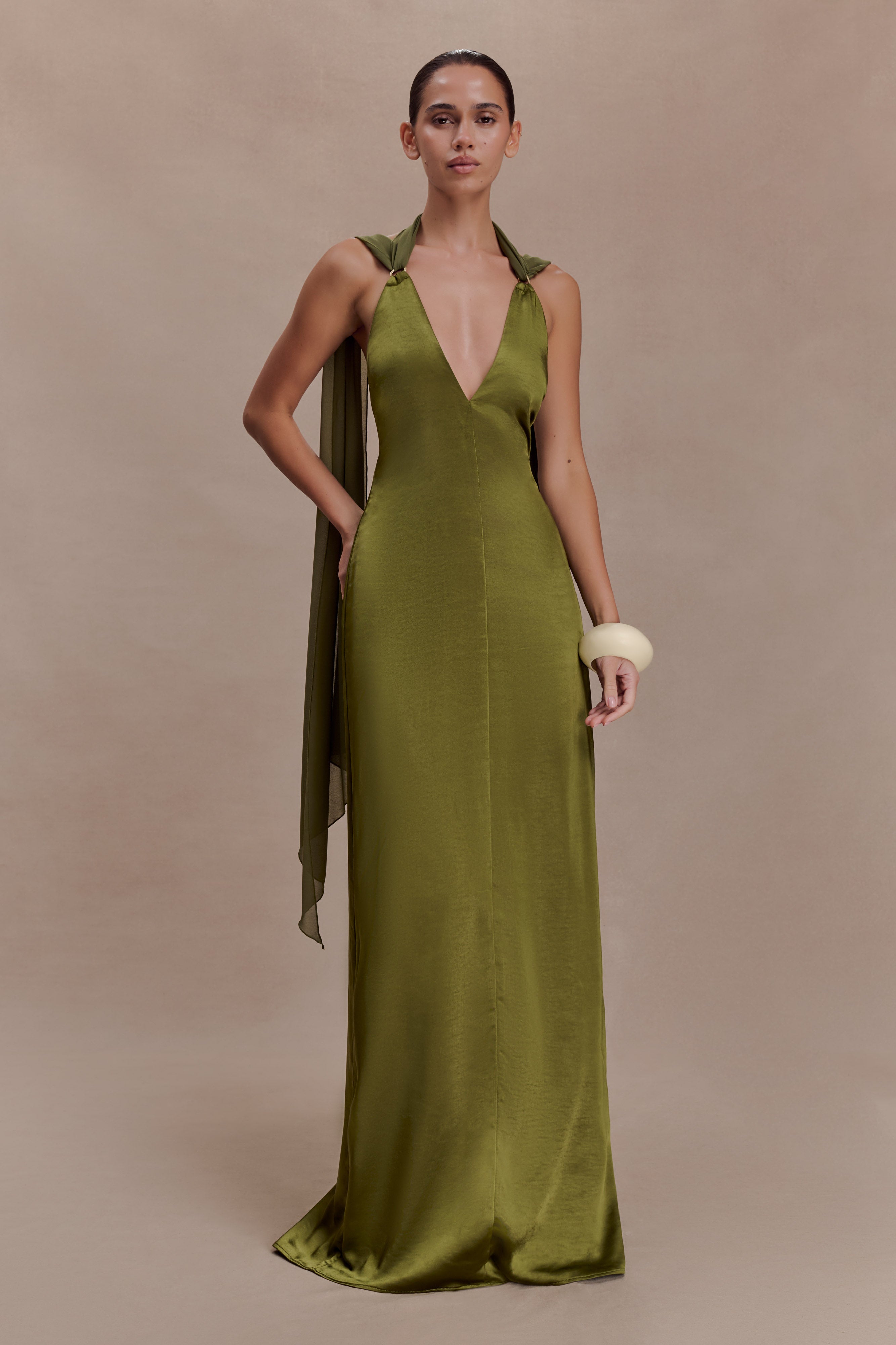 Myla Draped Shoulders Satin Maxi Dress