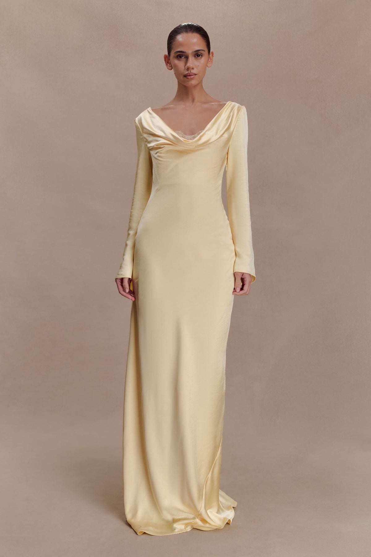 Eliza Long Sleeve Cowl Lace And Satin Maxi Dress in Ivory – Chic&Drifts