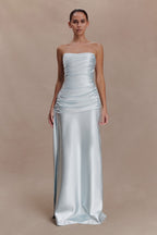 Sarah Strapless Maxi Dress With Waist Tie in Ice Blue – Chic&Drifts