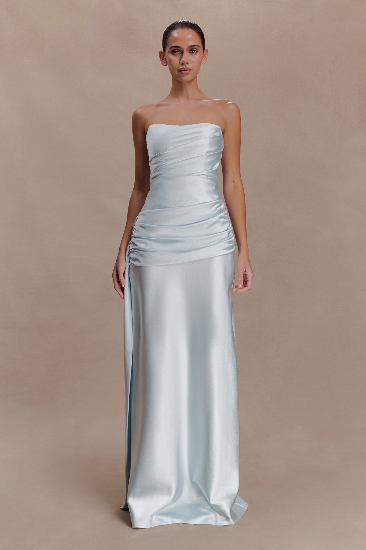 Sarah Strapless Maxi Dress With Waist Tie in Ice Blue – Chic&Drifts