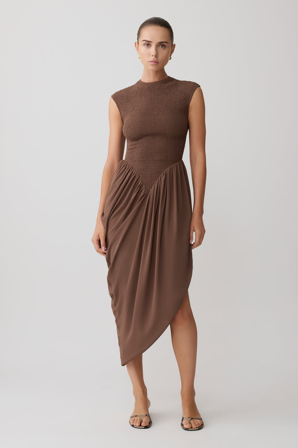 Nola Shirred Asymmetric Midi Dress