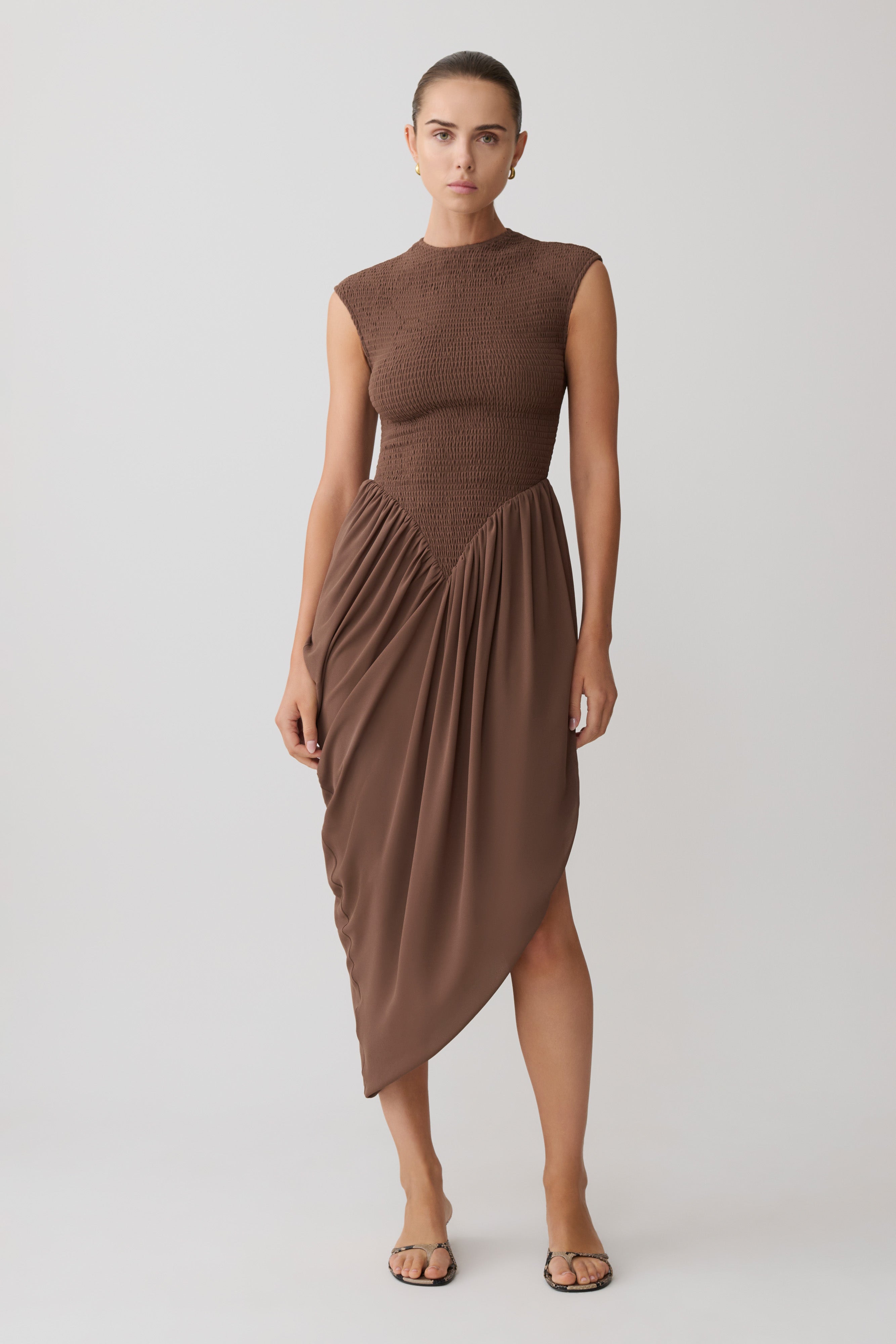 Nola Shirred Asymmetric Midi Dress