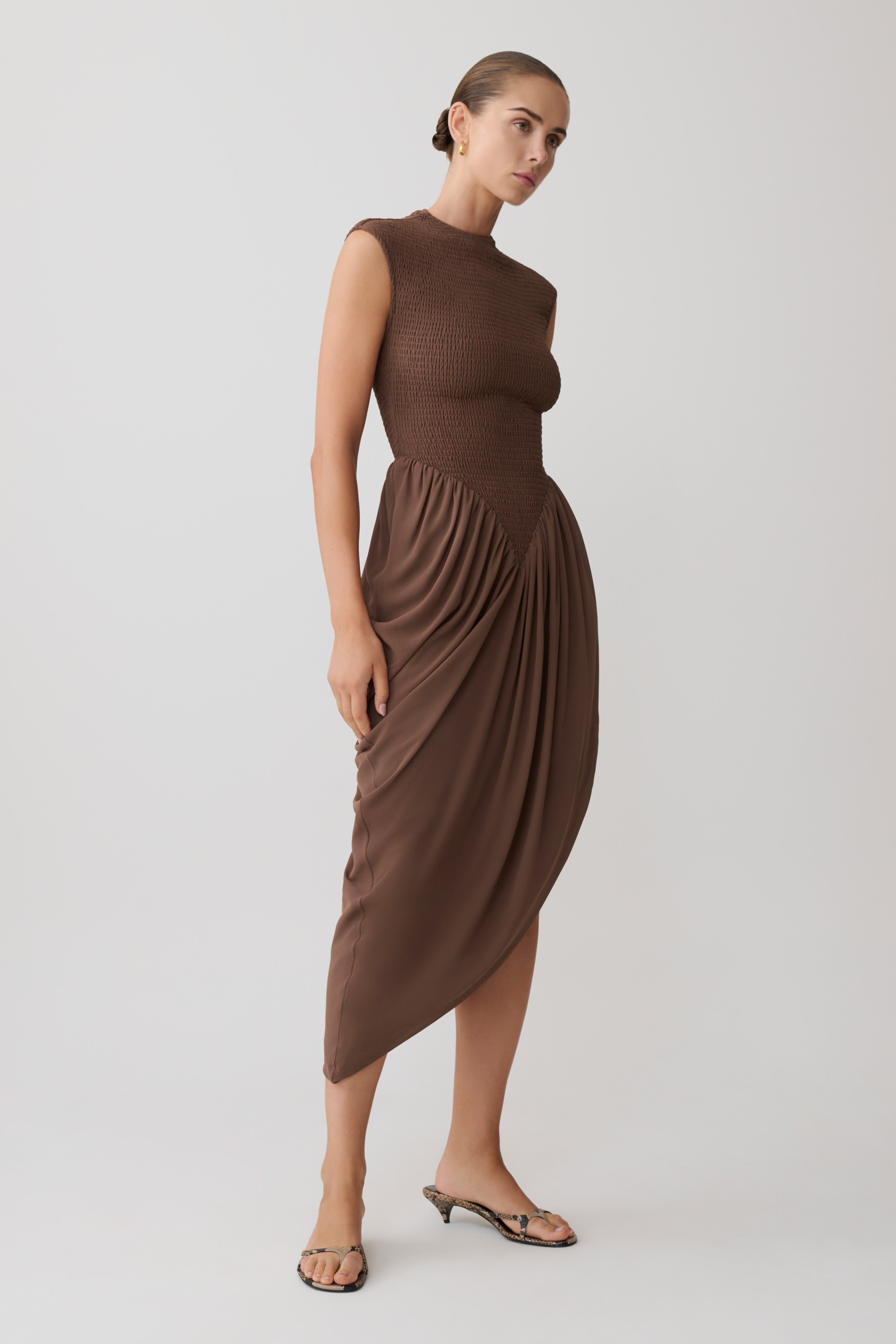 Nola Shirred Asymmetric Midi Dress