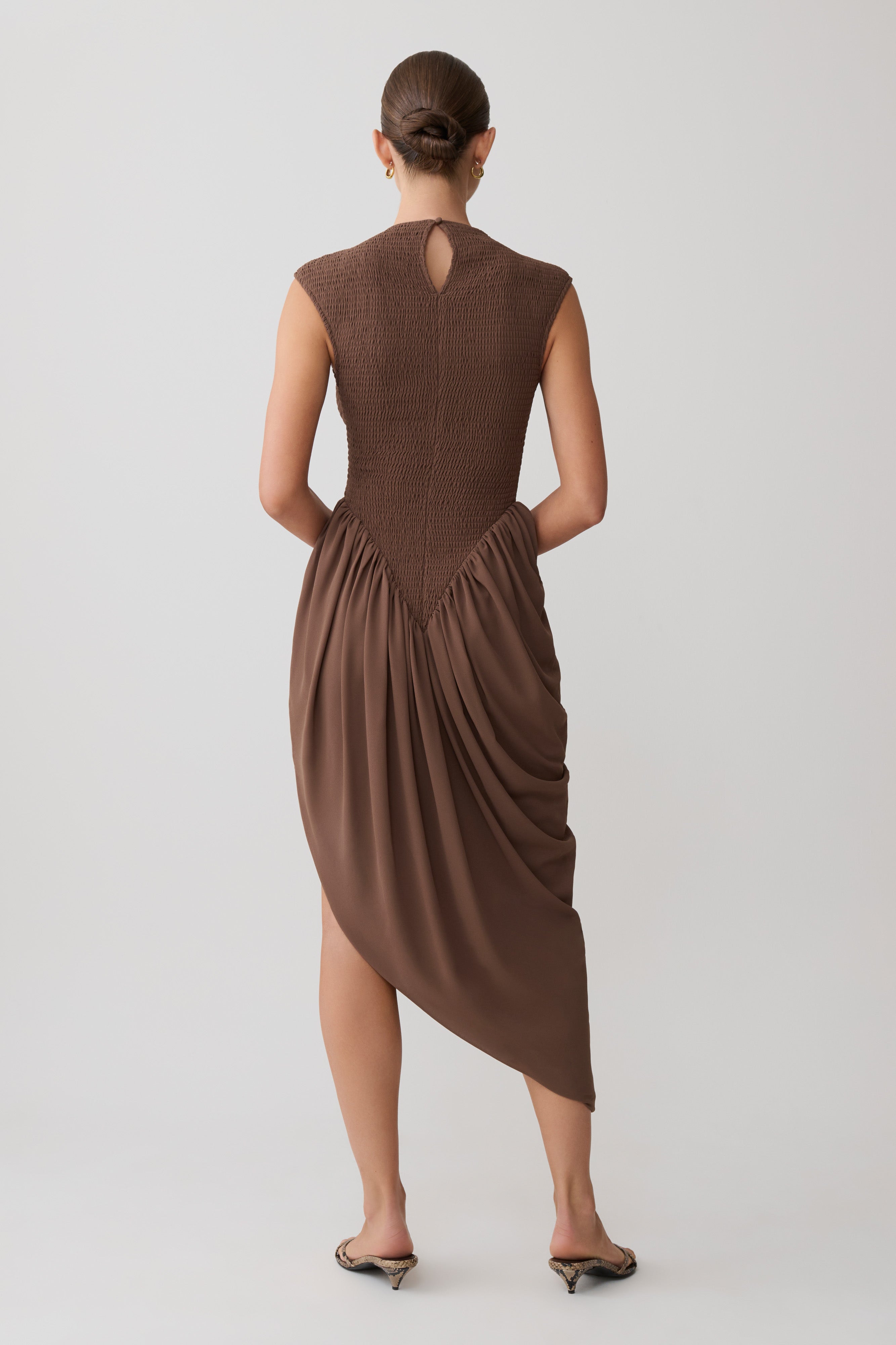 Nola Shirred Asymmetric Midi Dress
