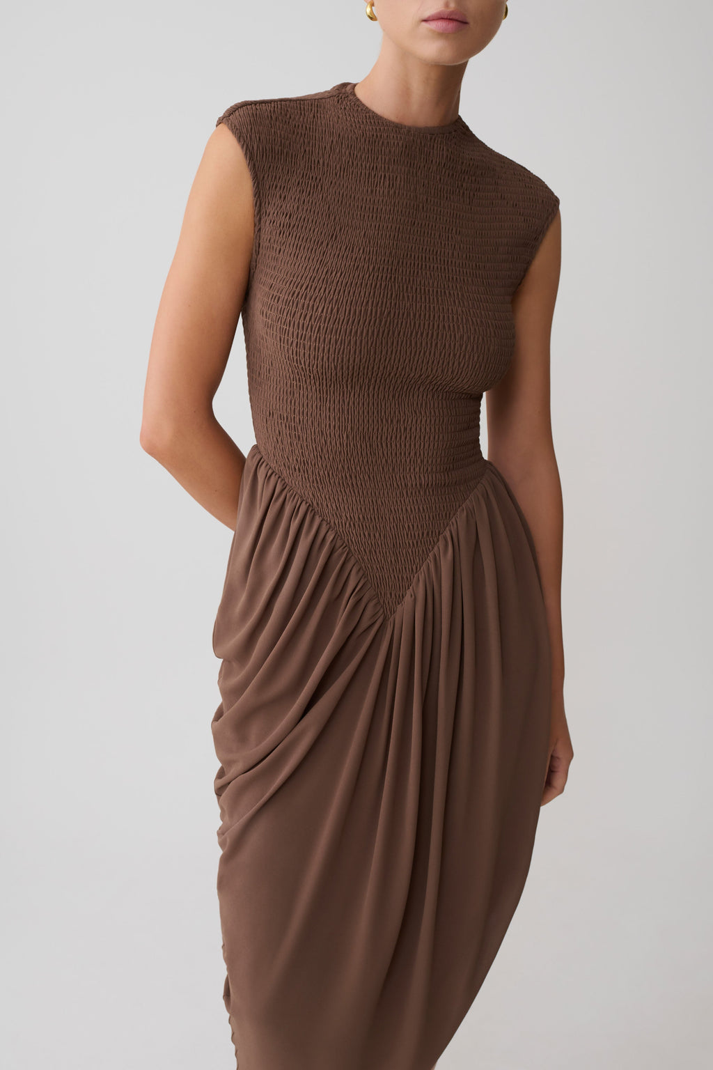 Nola Shirred Asymmetric Midi Dress