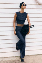 Loraine Sleeveless Denim Top in Indigo Pinstripe – Chic&Drifts