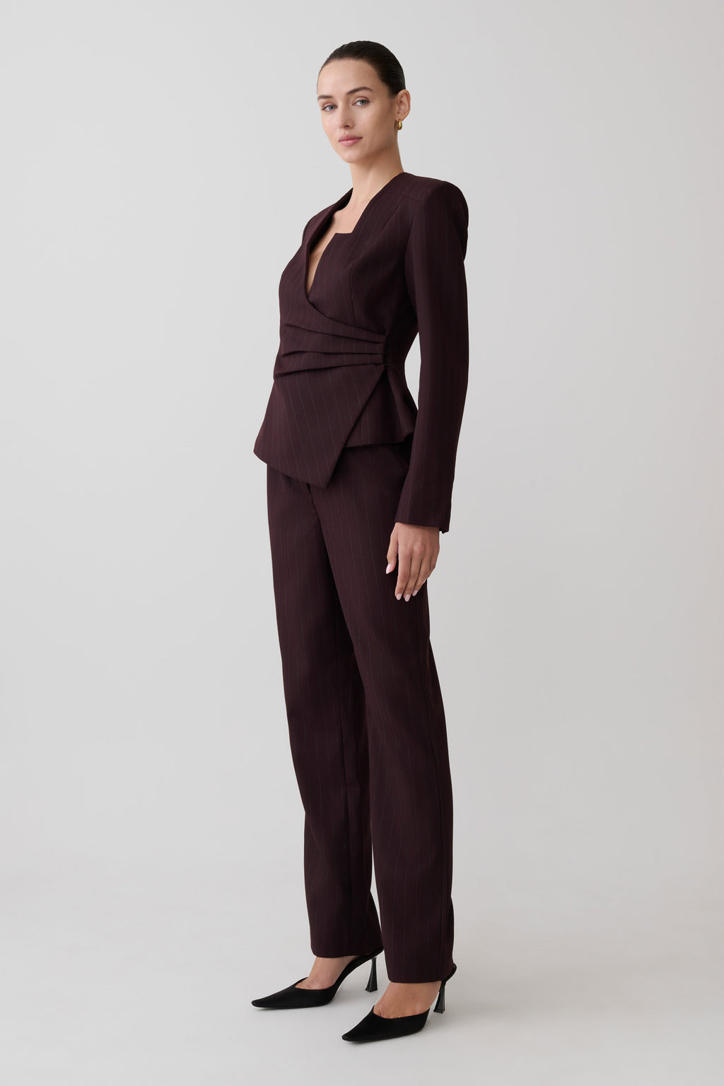 Agatha Straight Leg Suiting Trousers - Plum Pinstripe