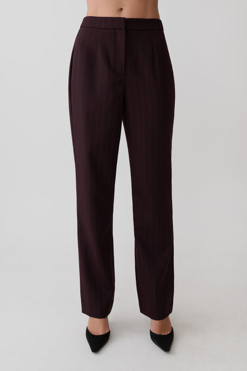 Agatha Straight Leg Suiting Trousers - Plum Pinstripe
