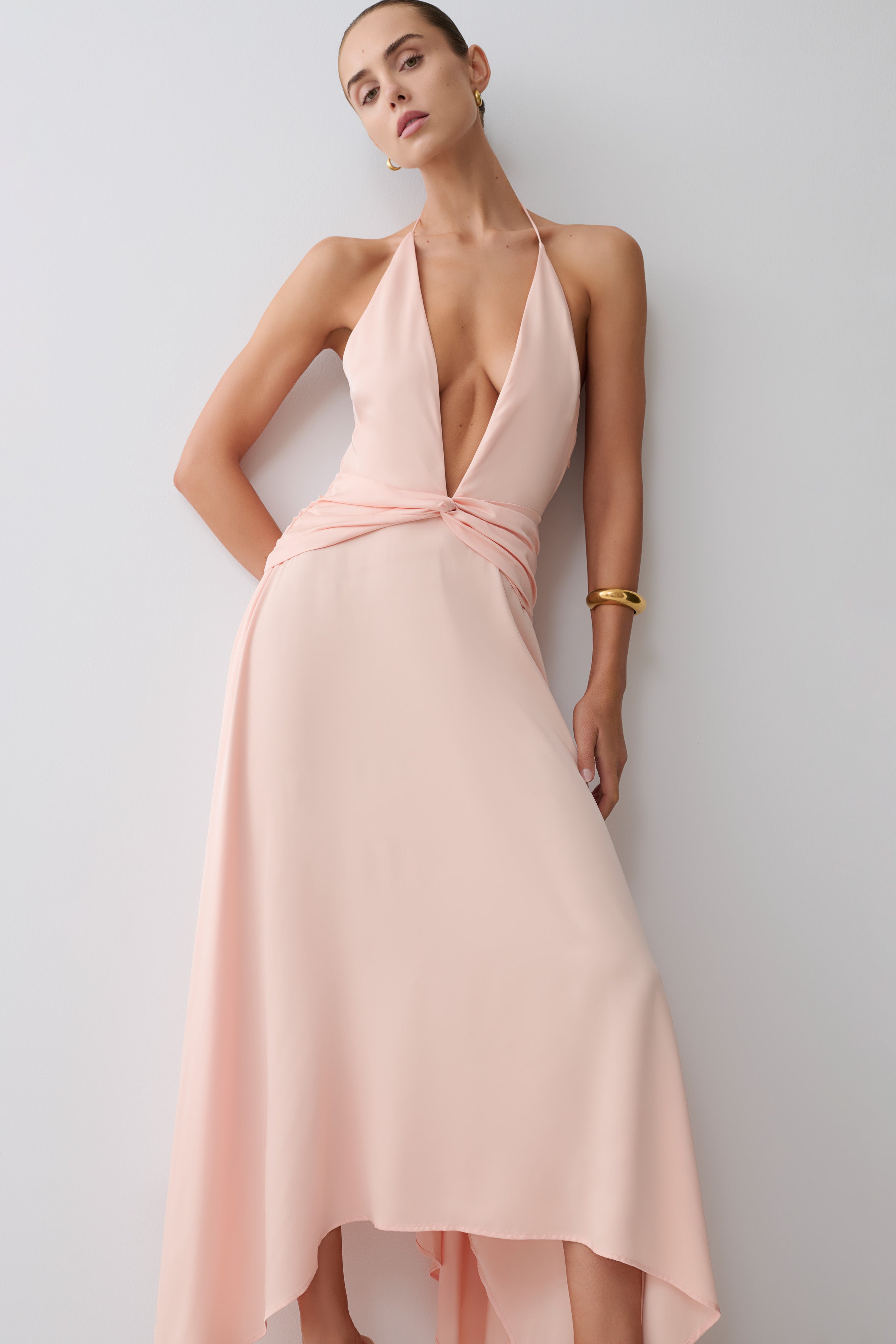 Cyra Plunge Satin Midi Dress