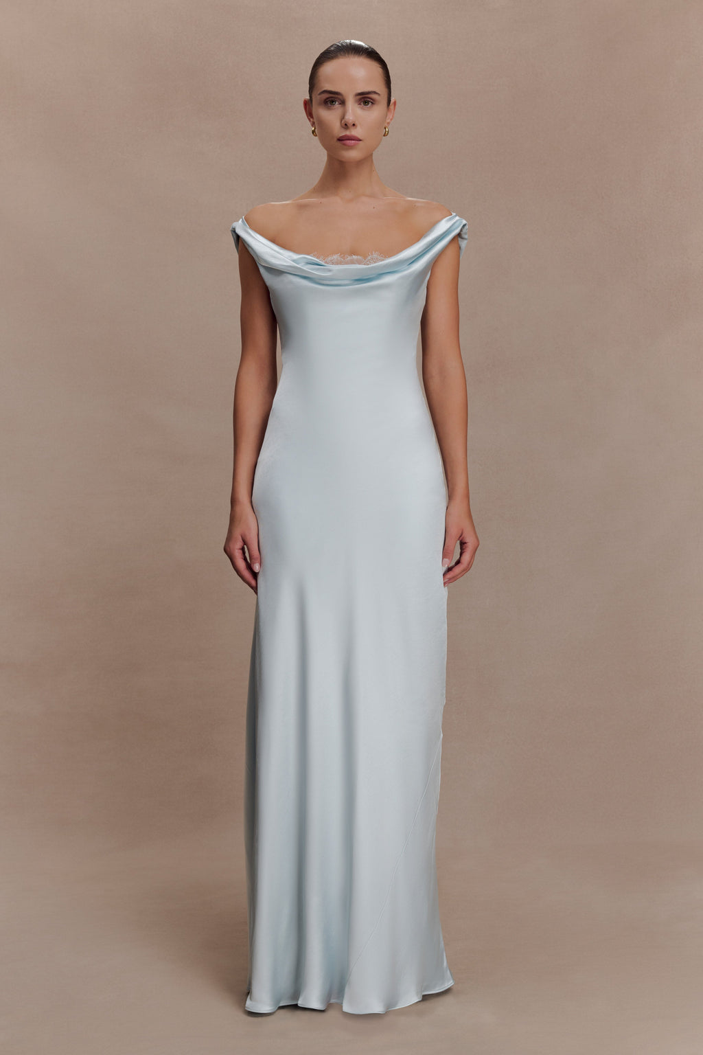 Ashley Cowl Neck Lace And Satin Maxi Dress
