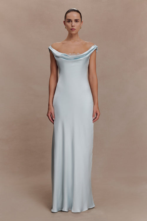 Ashley Cowl Neck Lace And Satin Maxi Dress in Ice Blue – Chic&Drifts