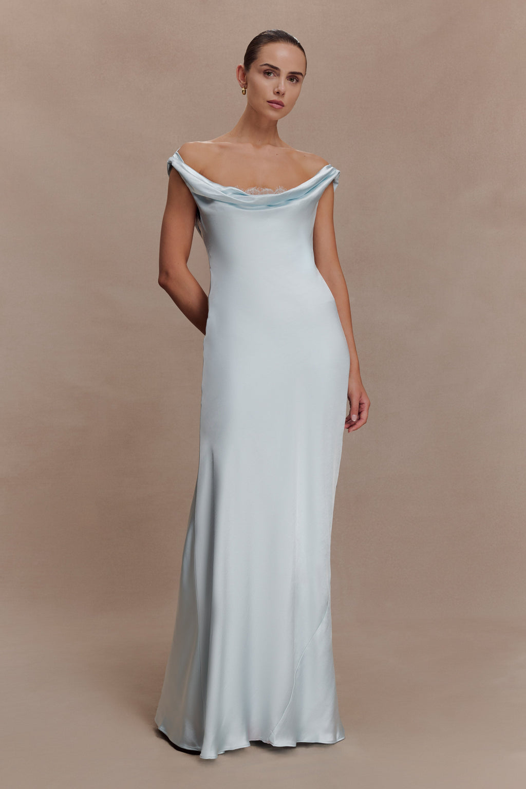 Ashley Cowl Neck Lace And Satin Maxi Dress in Ice Blue – Chic&Drifts