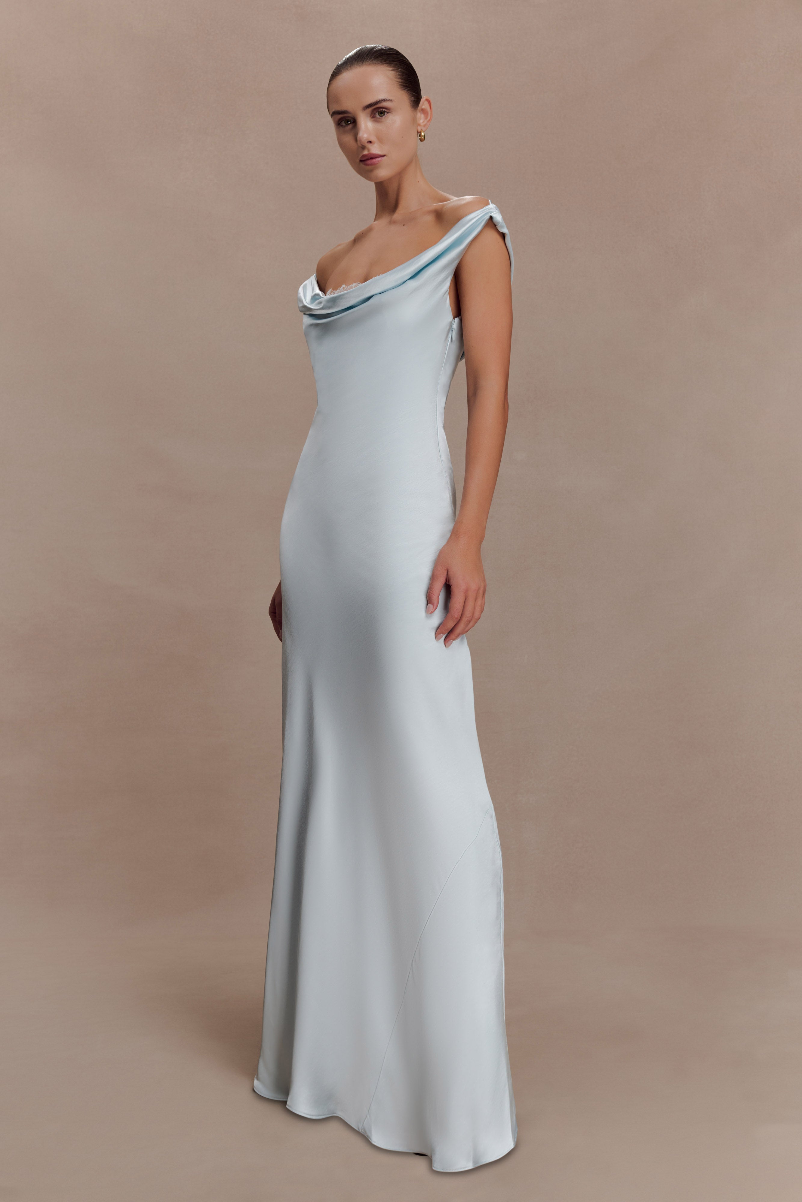 Ashley Cowl Neck Lace And Satin Maxi Dress
