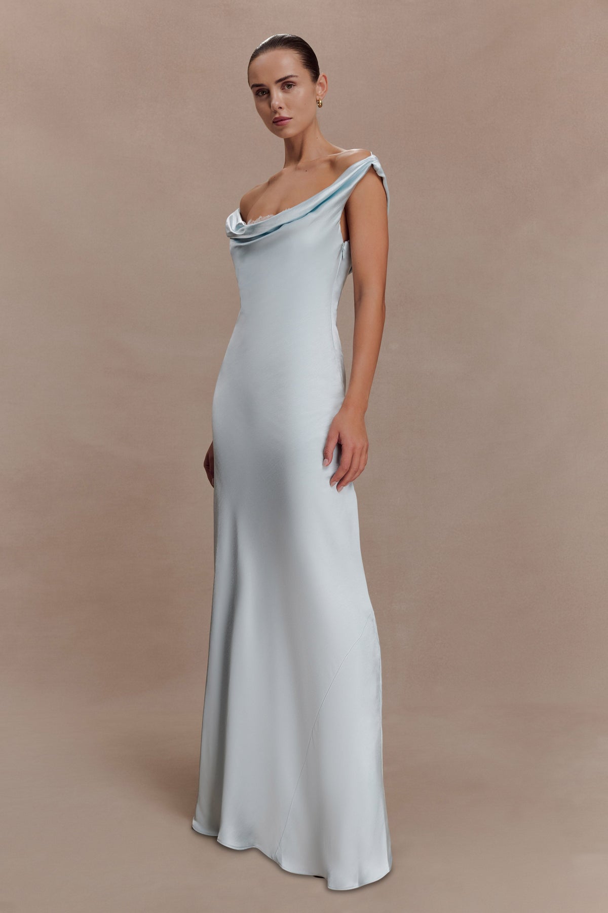 Ashley Cowl Neck Lace And Satin Maxi Dress in Ice Blue – Chic&Drifts