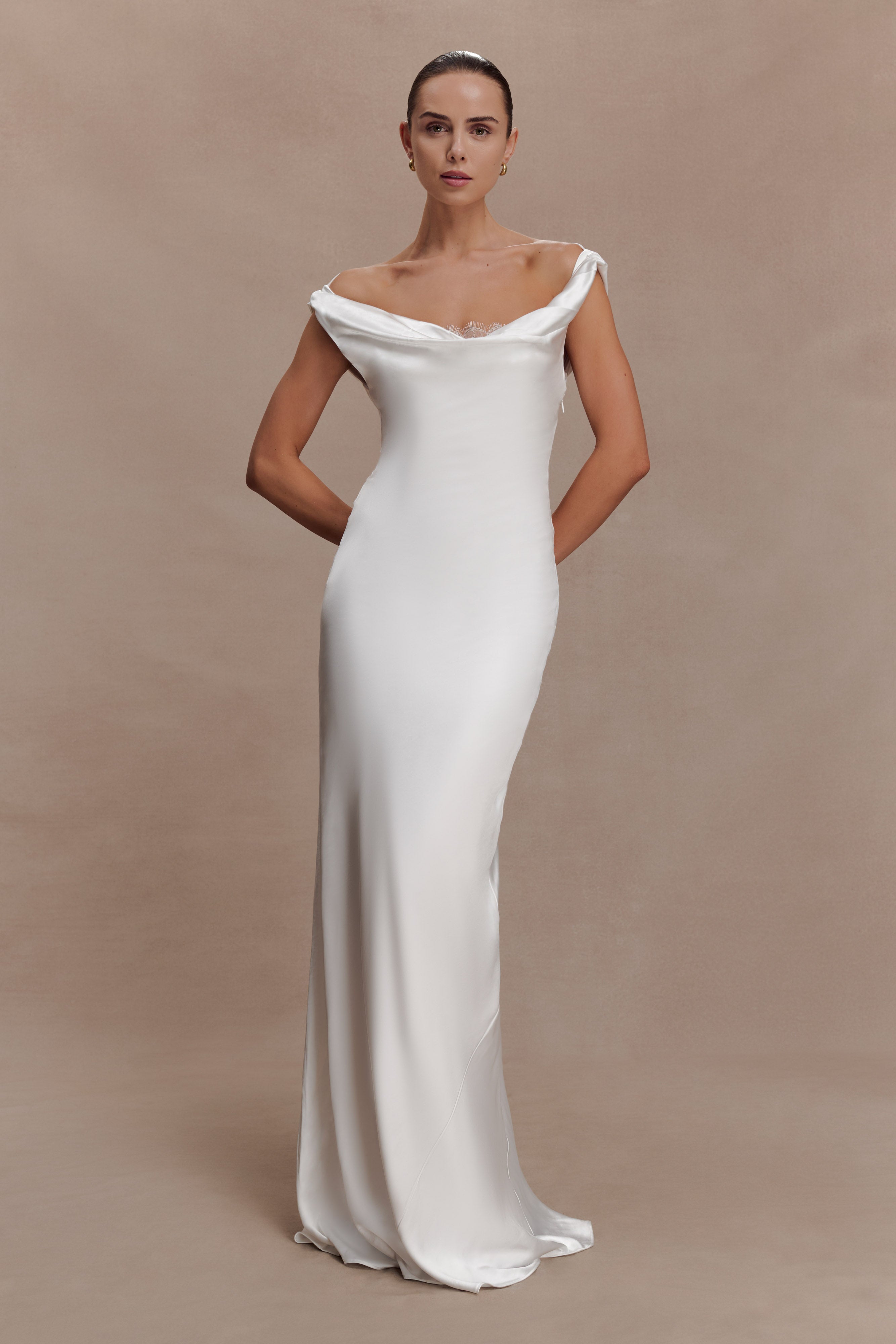 Ashley Cowl Neck Lace And Satin Maxi Dress