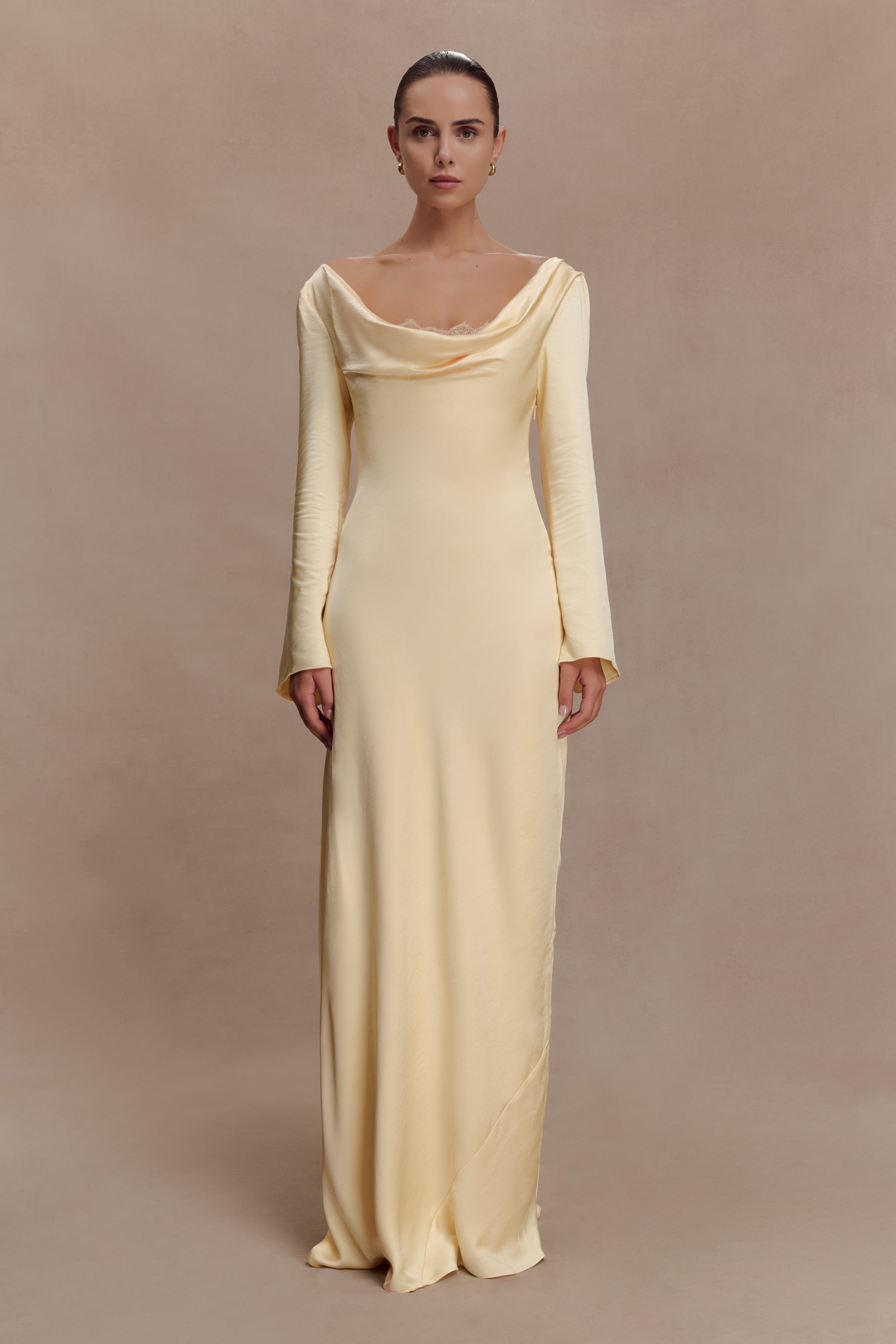 Eliza Long Sleeve Cowl Lace And Satin Maxi Dress