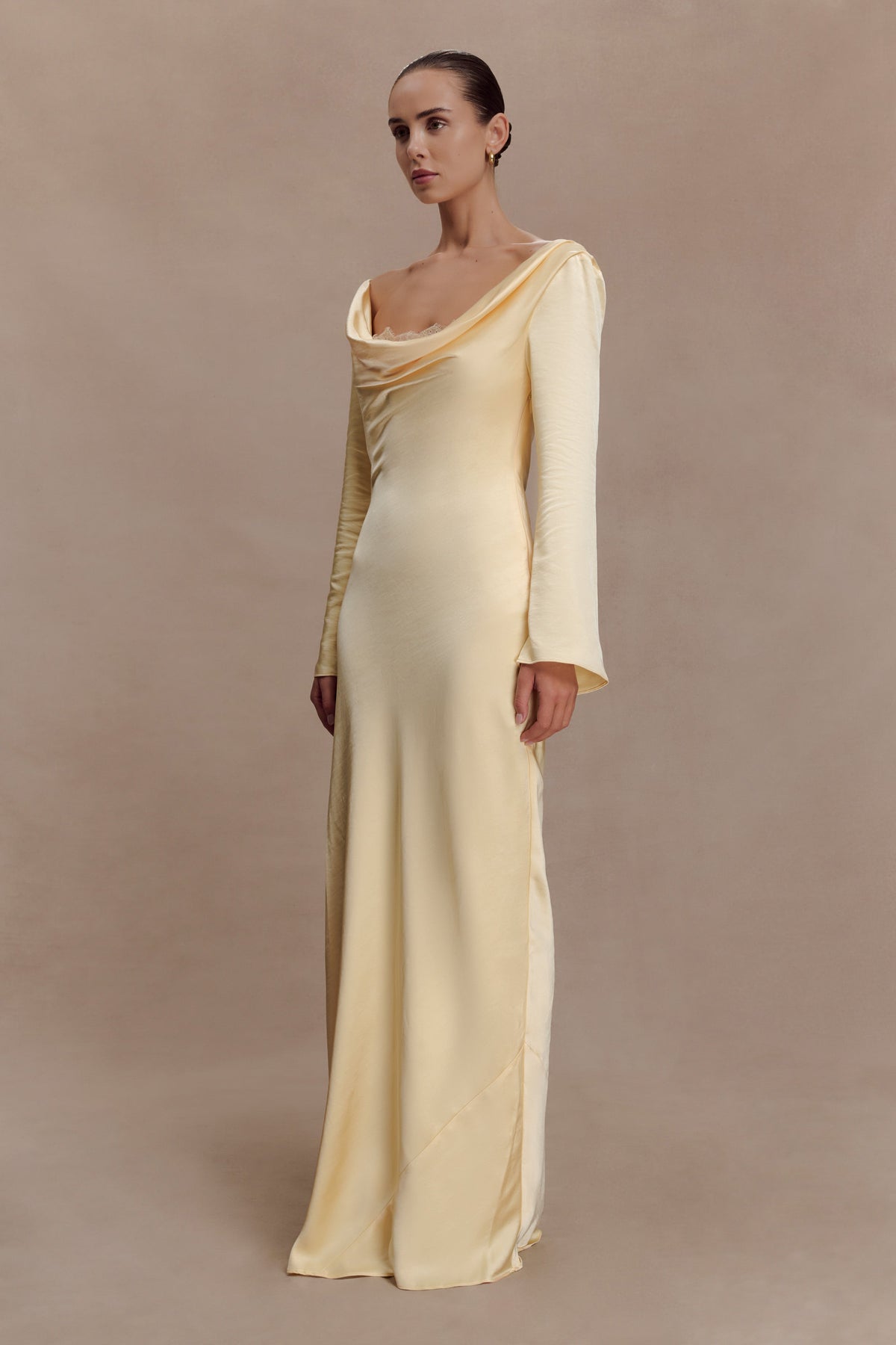 Eliza Long Sleeve Cowl Lace And Satin Maxi Dress in Ivory – Chic&Drifts