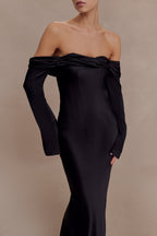 Giselle Off Shoulder Cowl Neck Maxi Dress in Black – Chic&Drifts