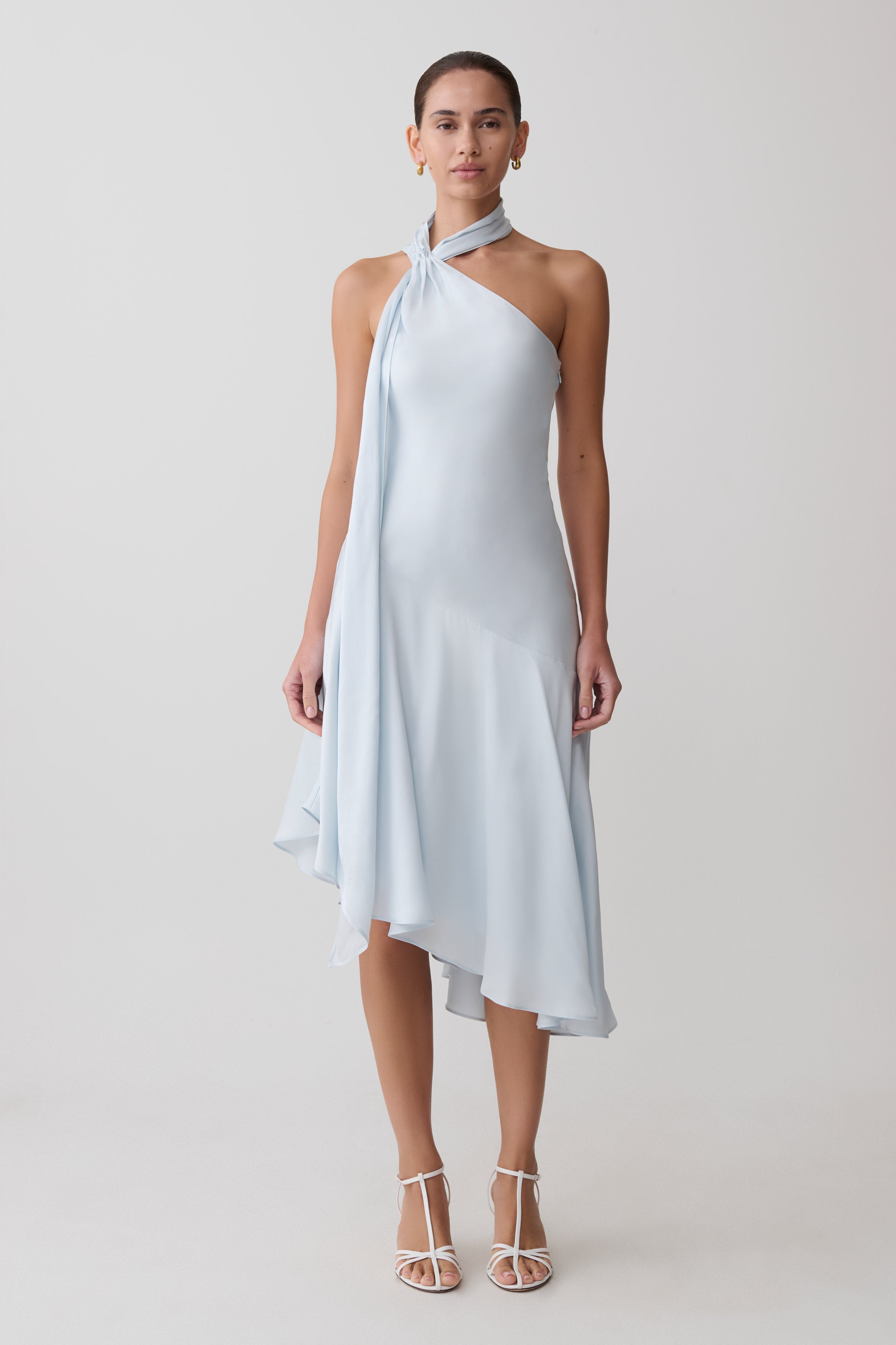 Evelina Halter Asymmetric Hem Midi Dress