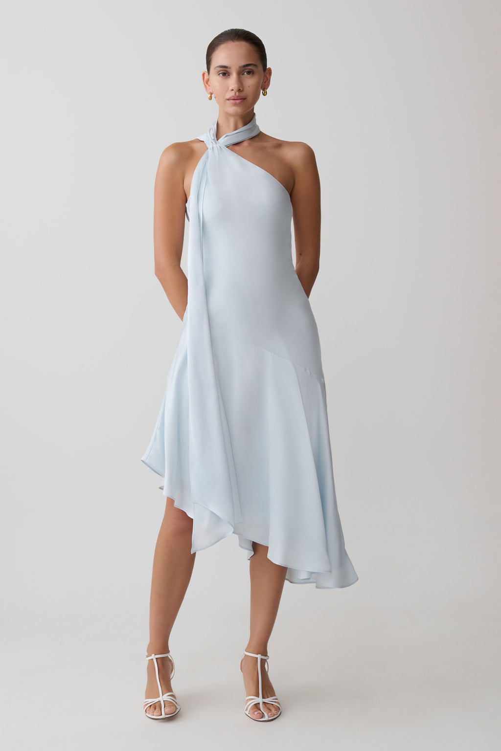 Evelina Halter Asymmetric Hem Midi Dress