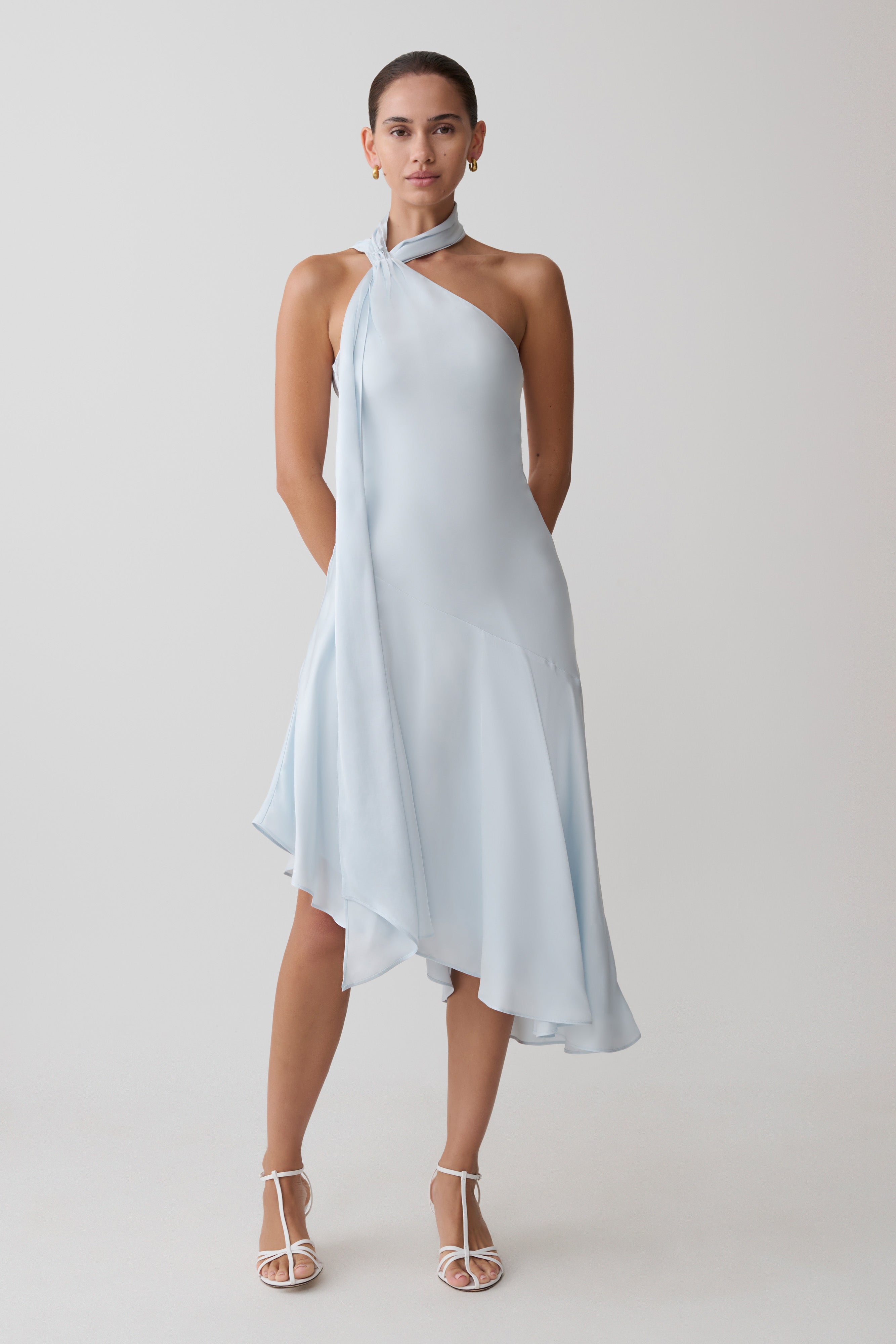 Evelina Halter Asymmetric Hem Midi Dress