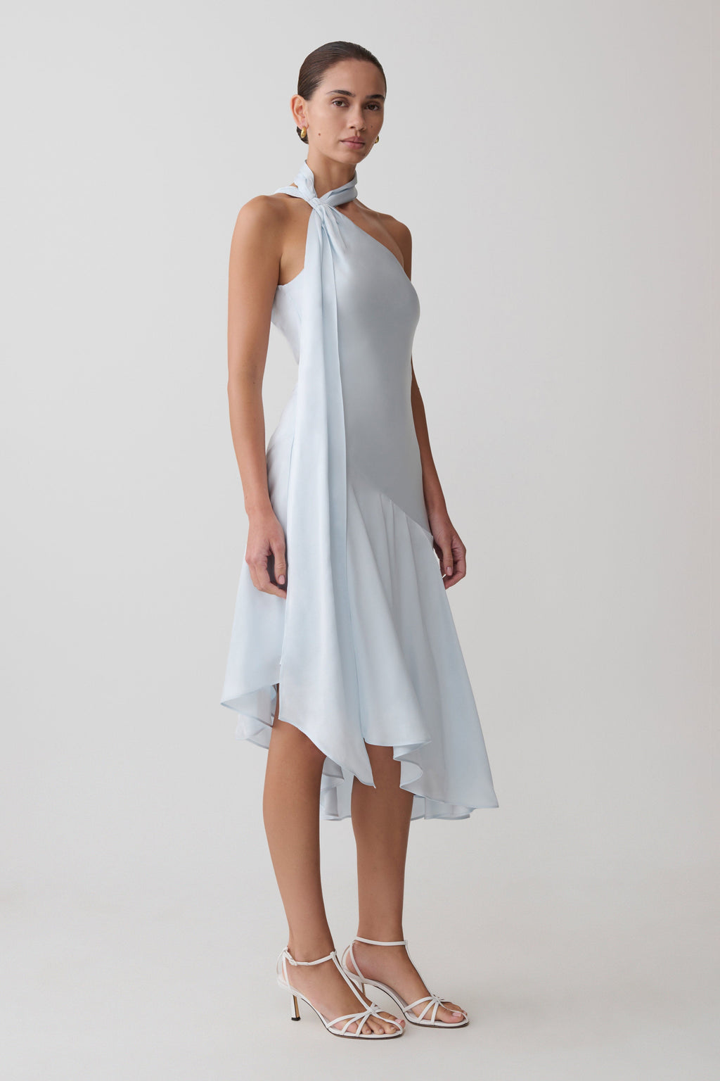 Evelina Halter Asymmetric Hem Midi Dress