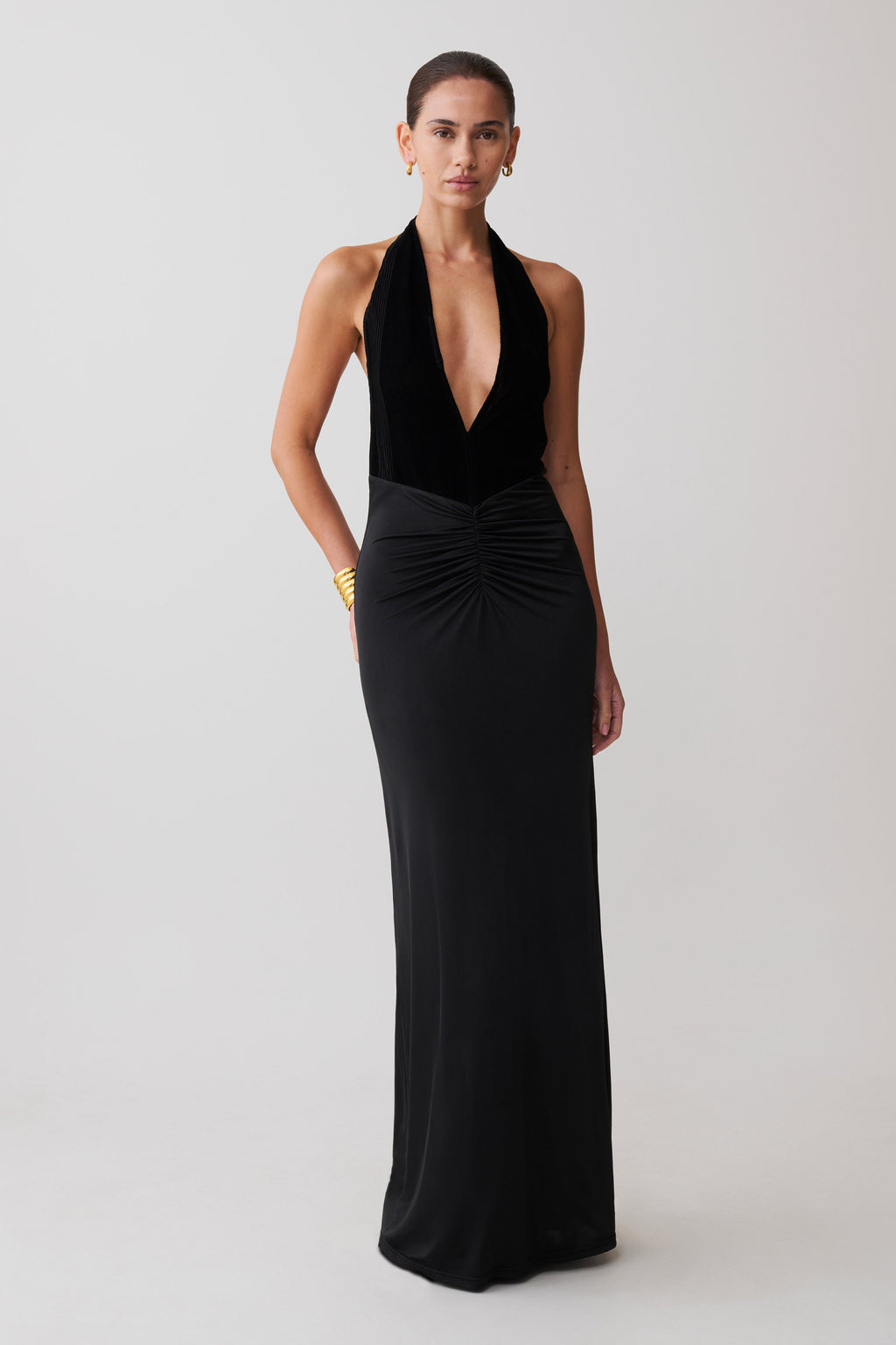 Lien Mesh Velvet Plunge Midi Dress