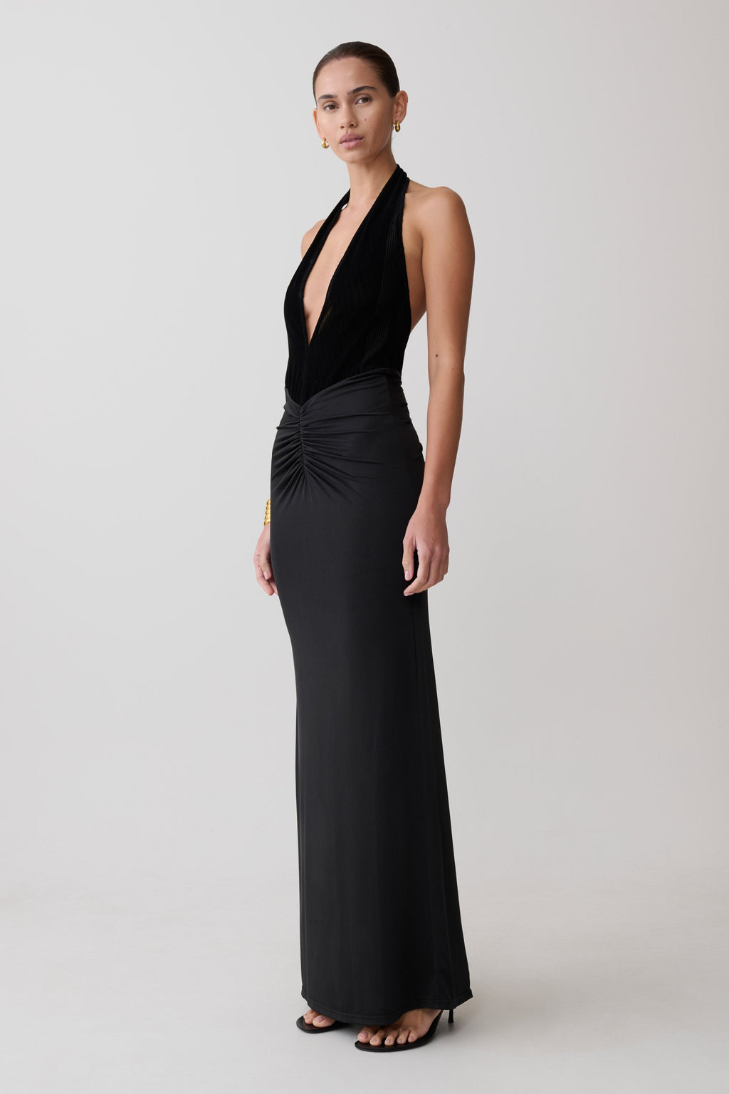 Lien Mesh Velvet Plunge Midi Dress