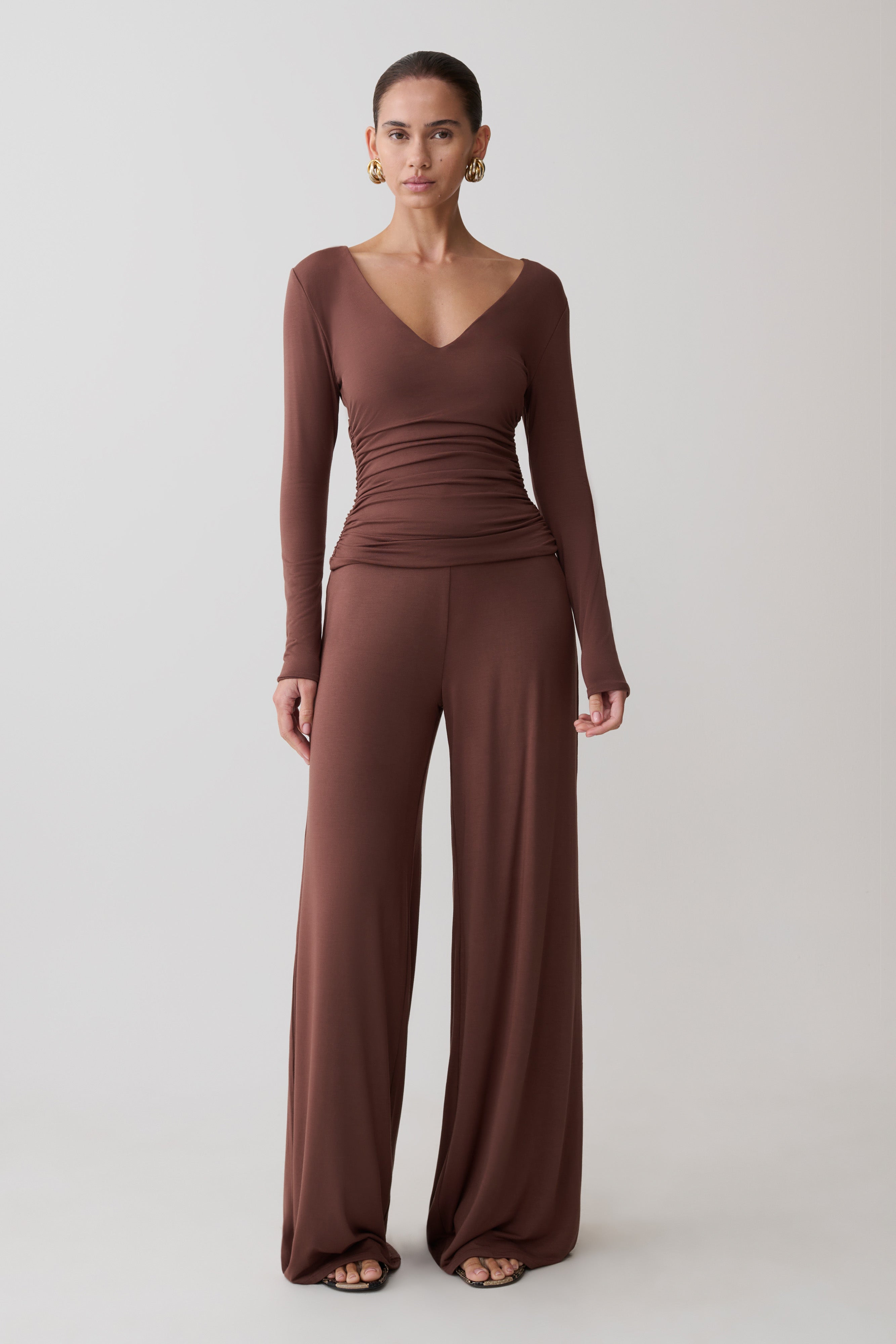 Dewi Wide Leg Modal Trousers - Chocolate