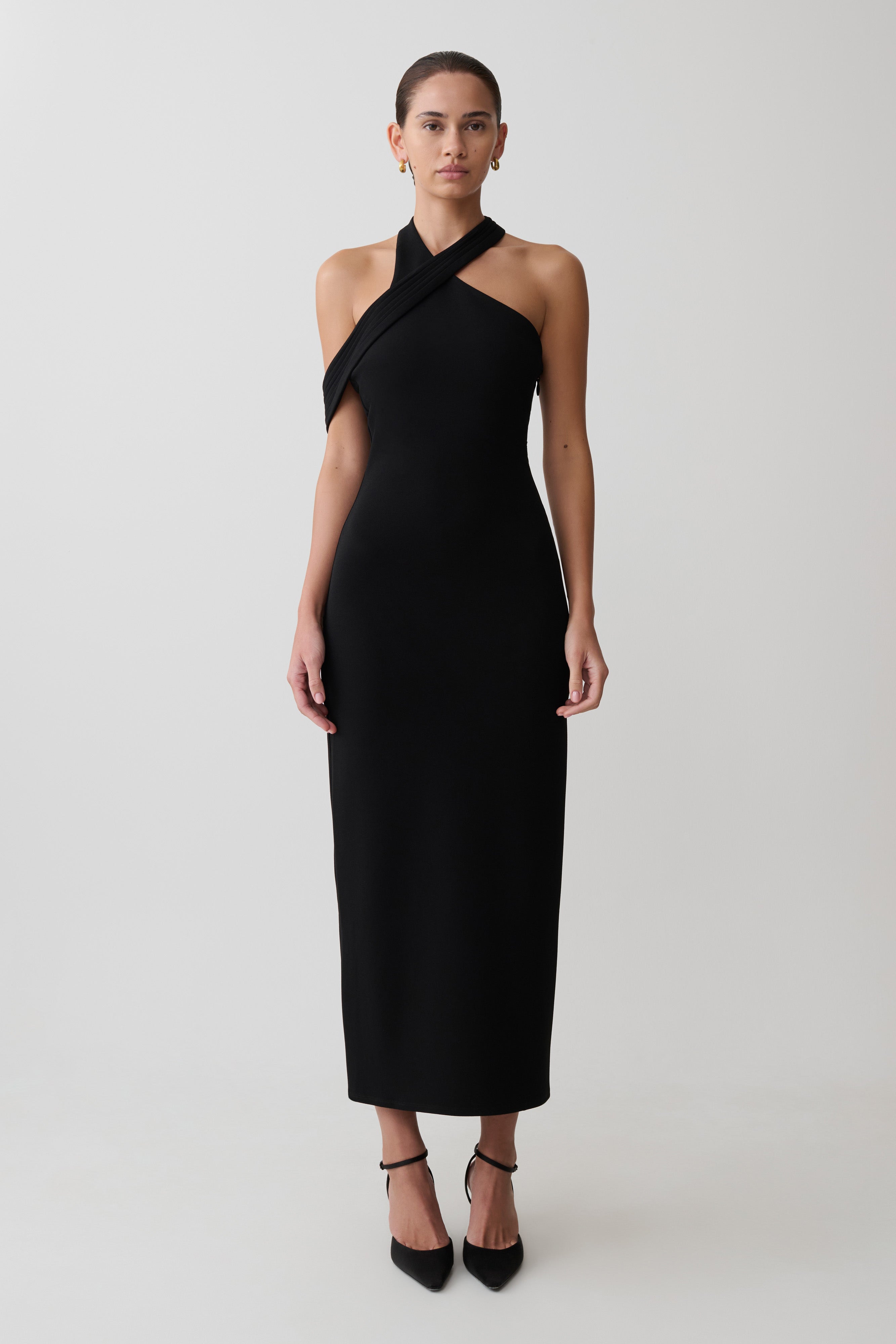 Sable Crossover Crepe Midi Dress