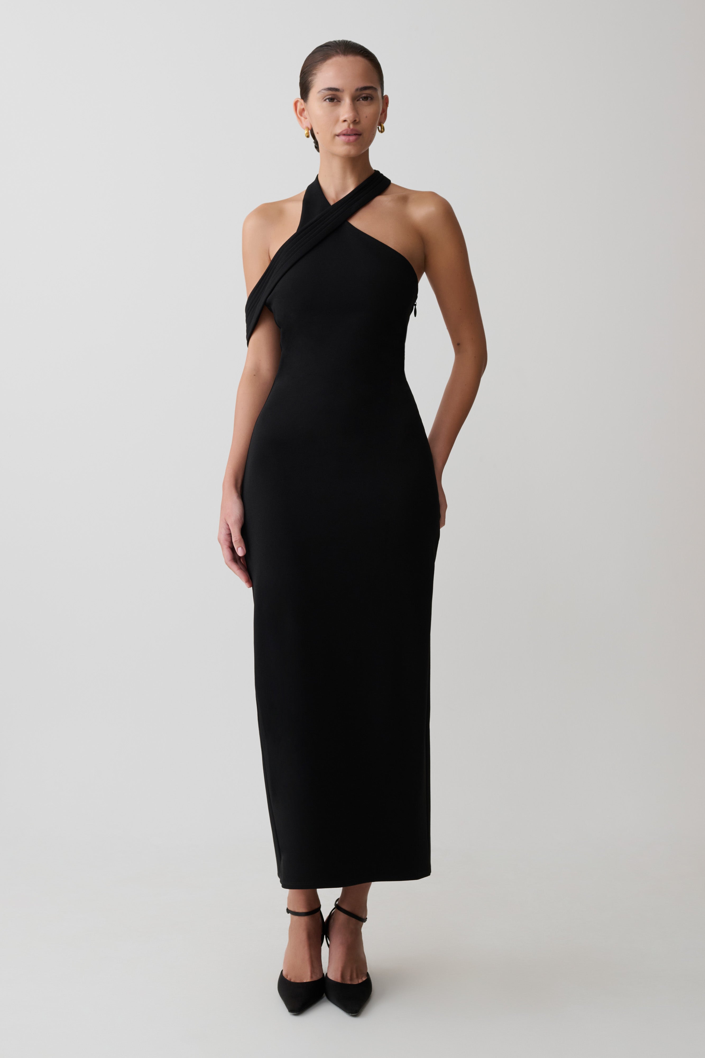 Sable Crossover Crepe Midi Dress