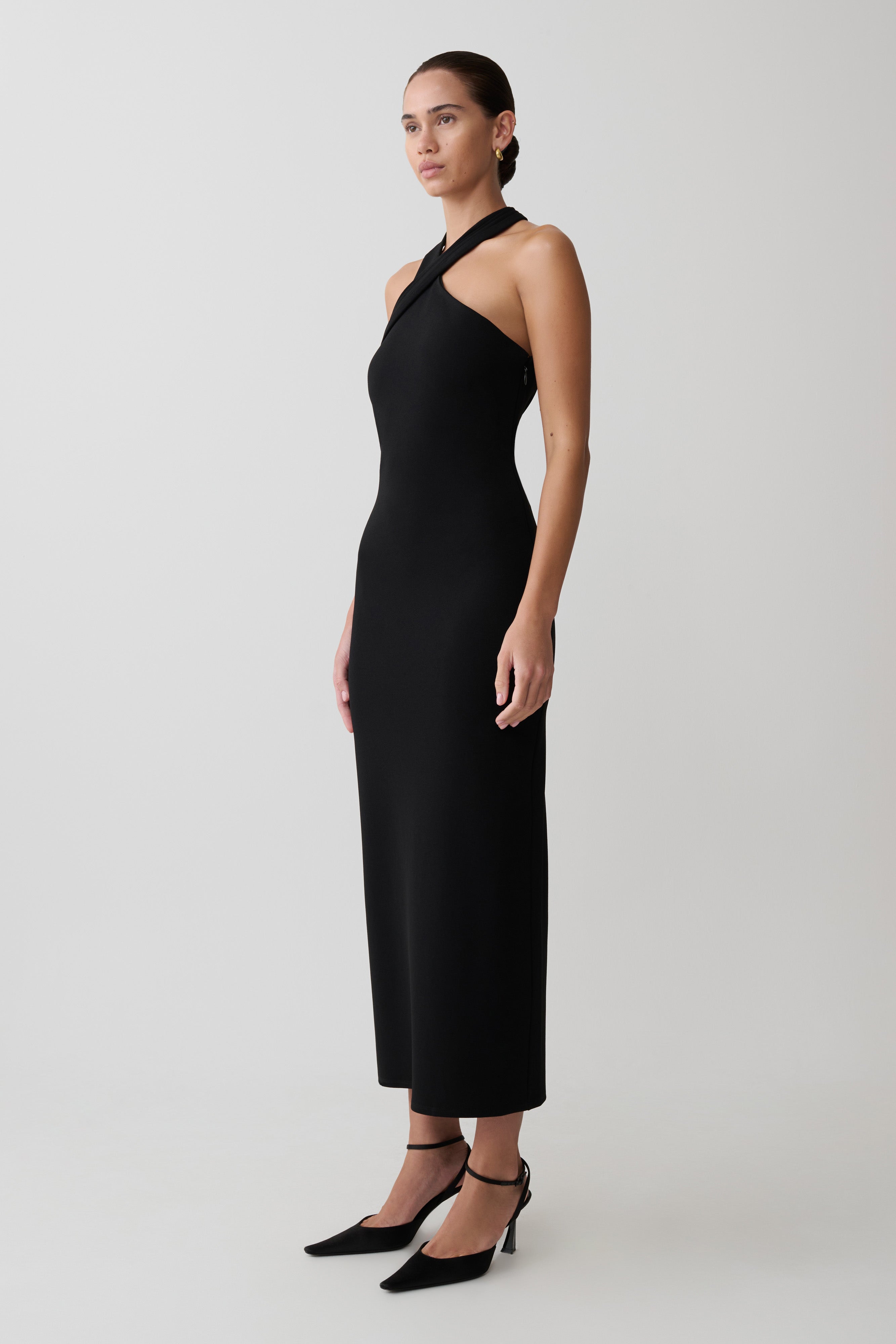 Sable Crossover Crepe Midi Dress