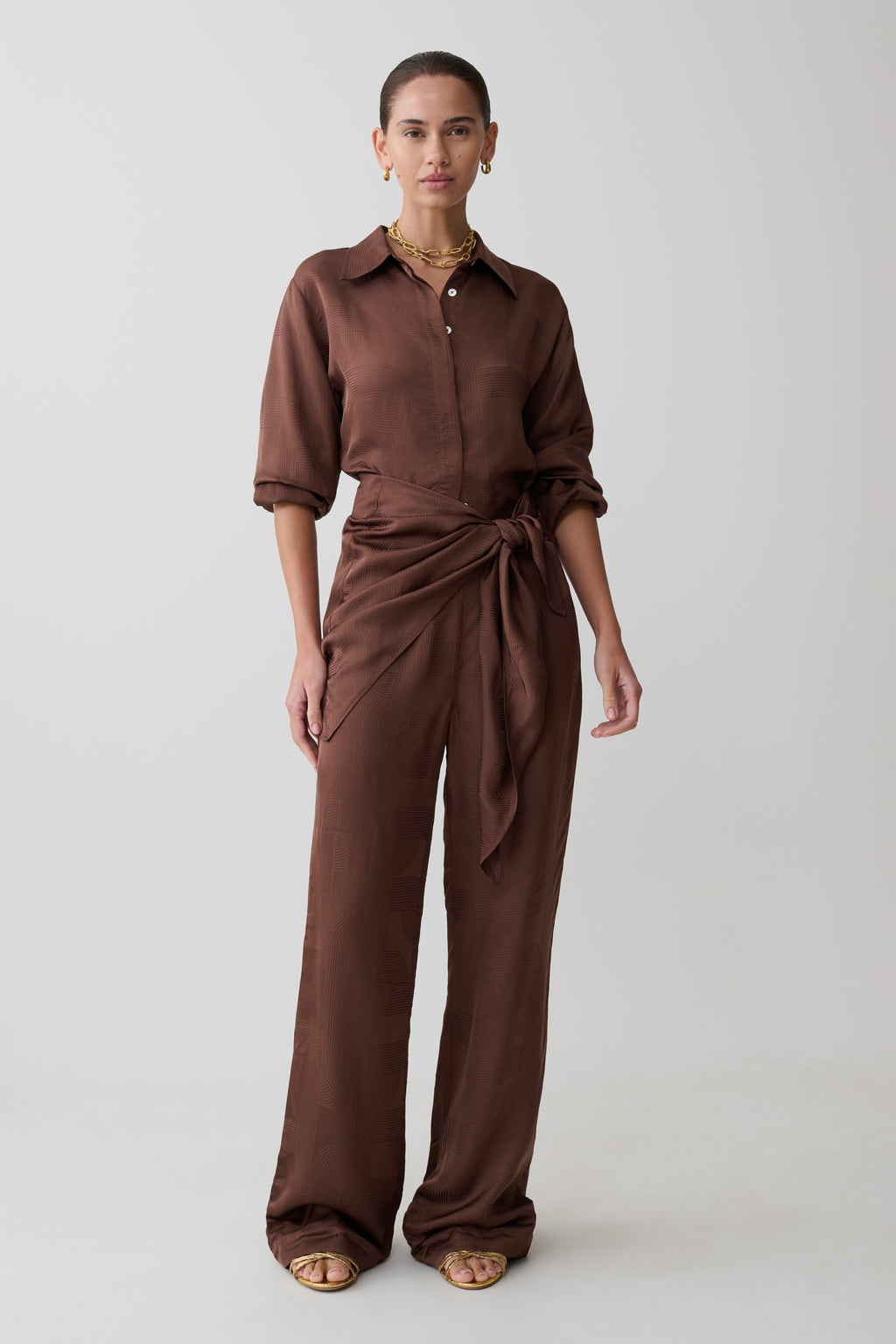 Gia Wrapped Tie Satin Trousers - Chocolate