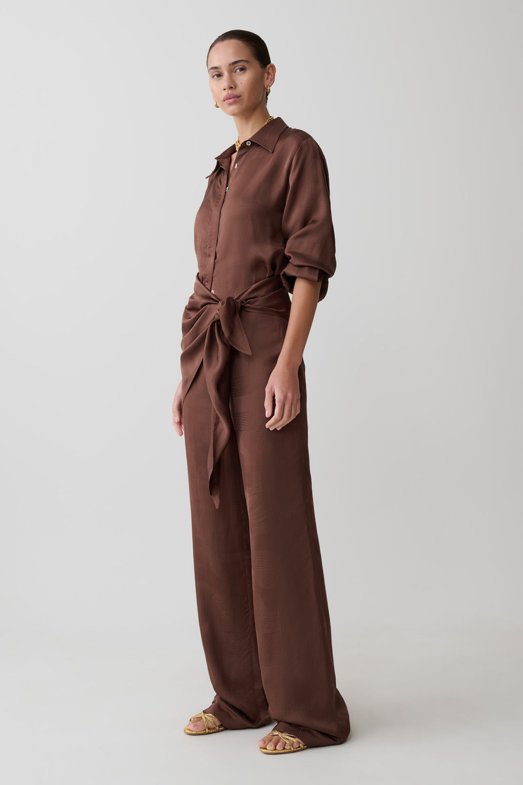 Gia Wrapped Tie Satin Trousers - Chocolate