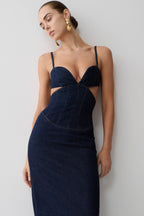 Amila Denim Cupped Maxi Dress in Indigo Blue – Chic&Drifts