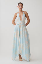 Cyra Plunge Chiffon Midi Dress in Blue Floral Print – Chic&Drifts