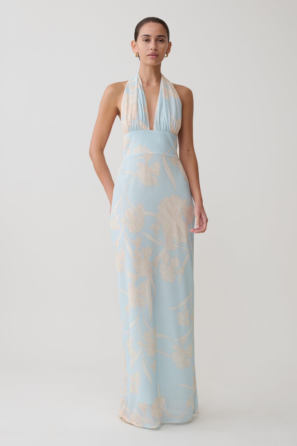 Nadine Halter Scarf Chiffon Maxi Dress in Blue Floral Print – Chic&Drifts