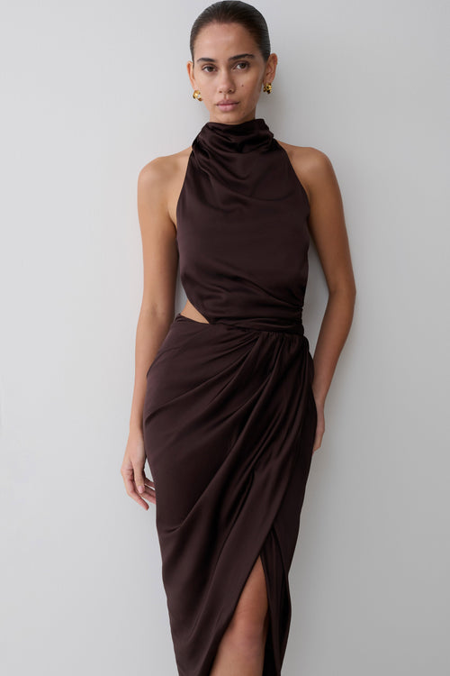 Aveline Draped Halter Midi Dress in Dark Chocolate – Chic&Drifts