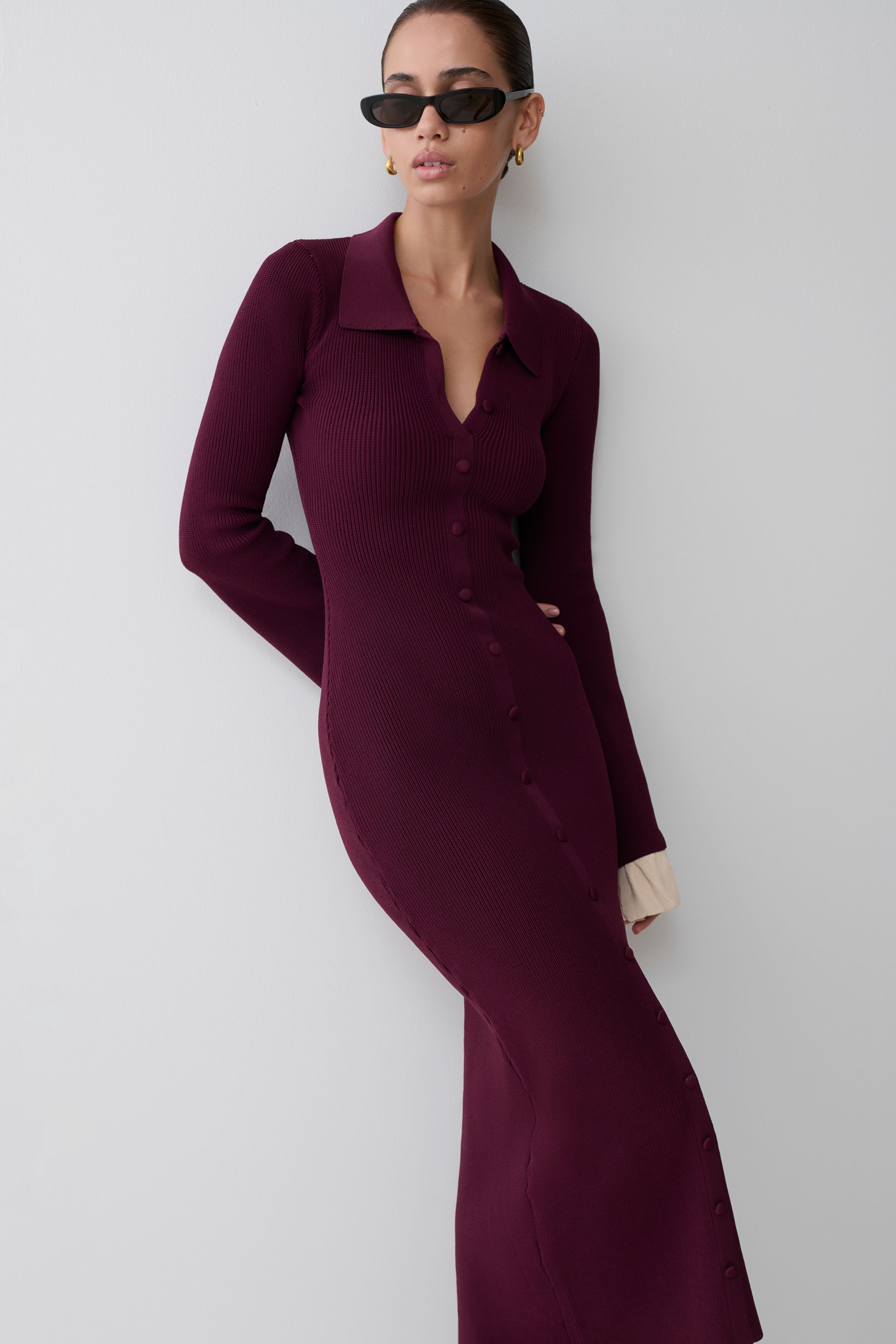 Amirose Ruffle Knit Midi Dress