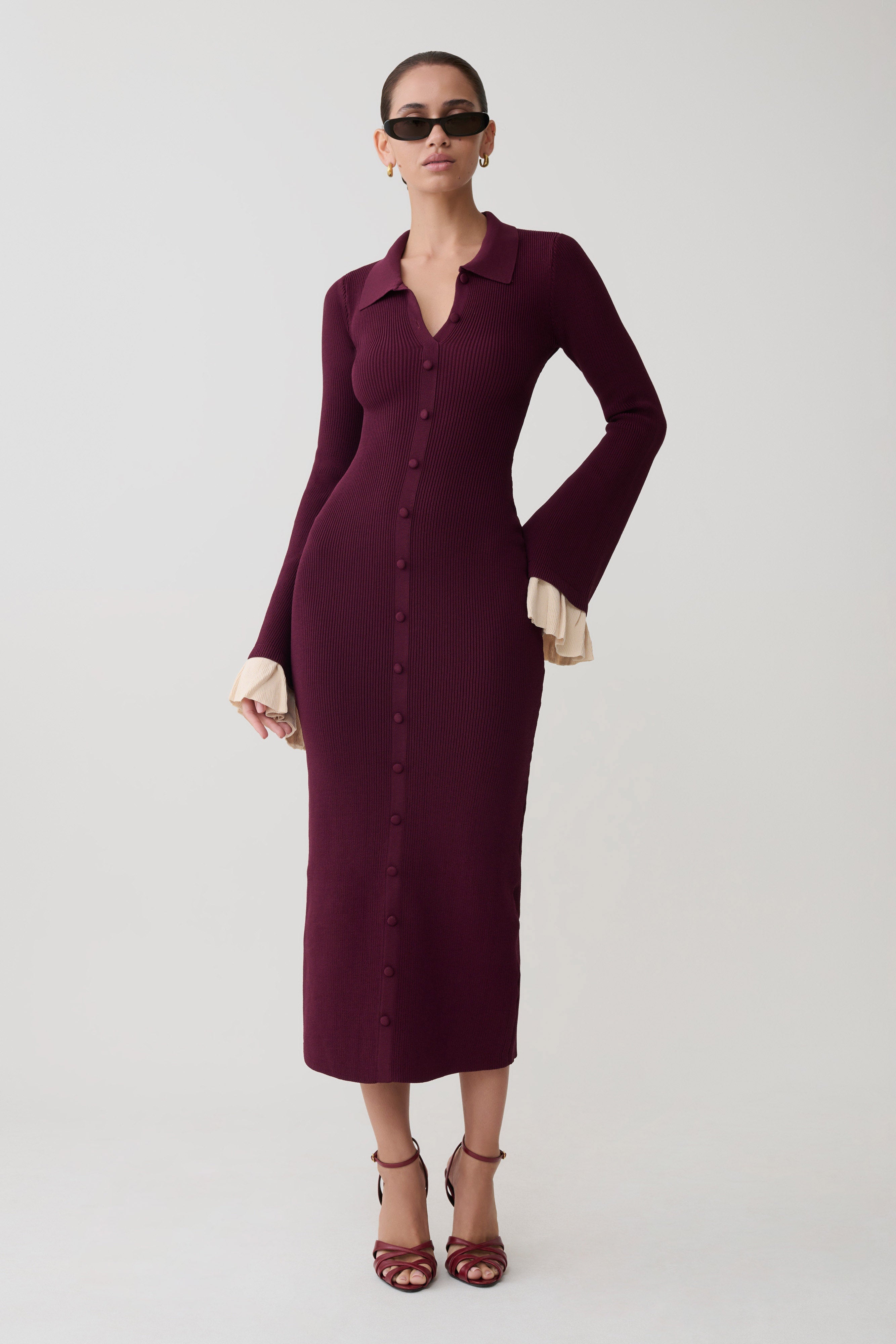 Amirose Ruffle Knit Midi Dress
