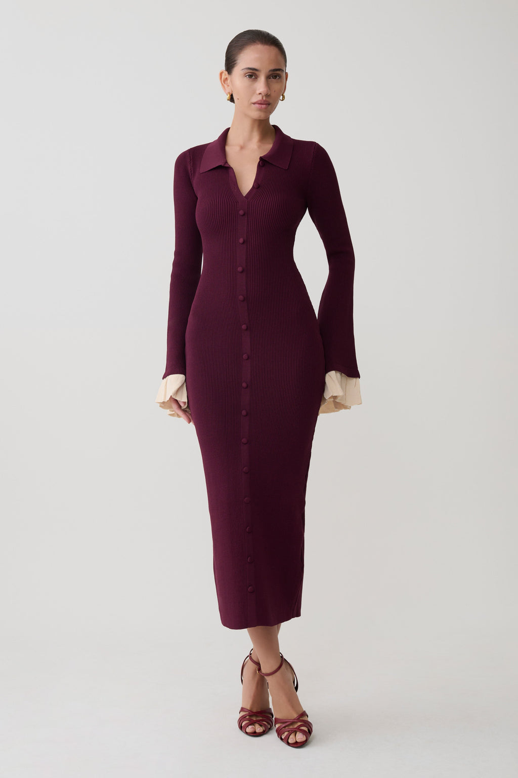 Amirose Ruffle Knit Midi Dress