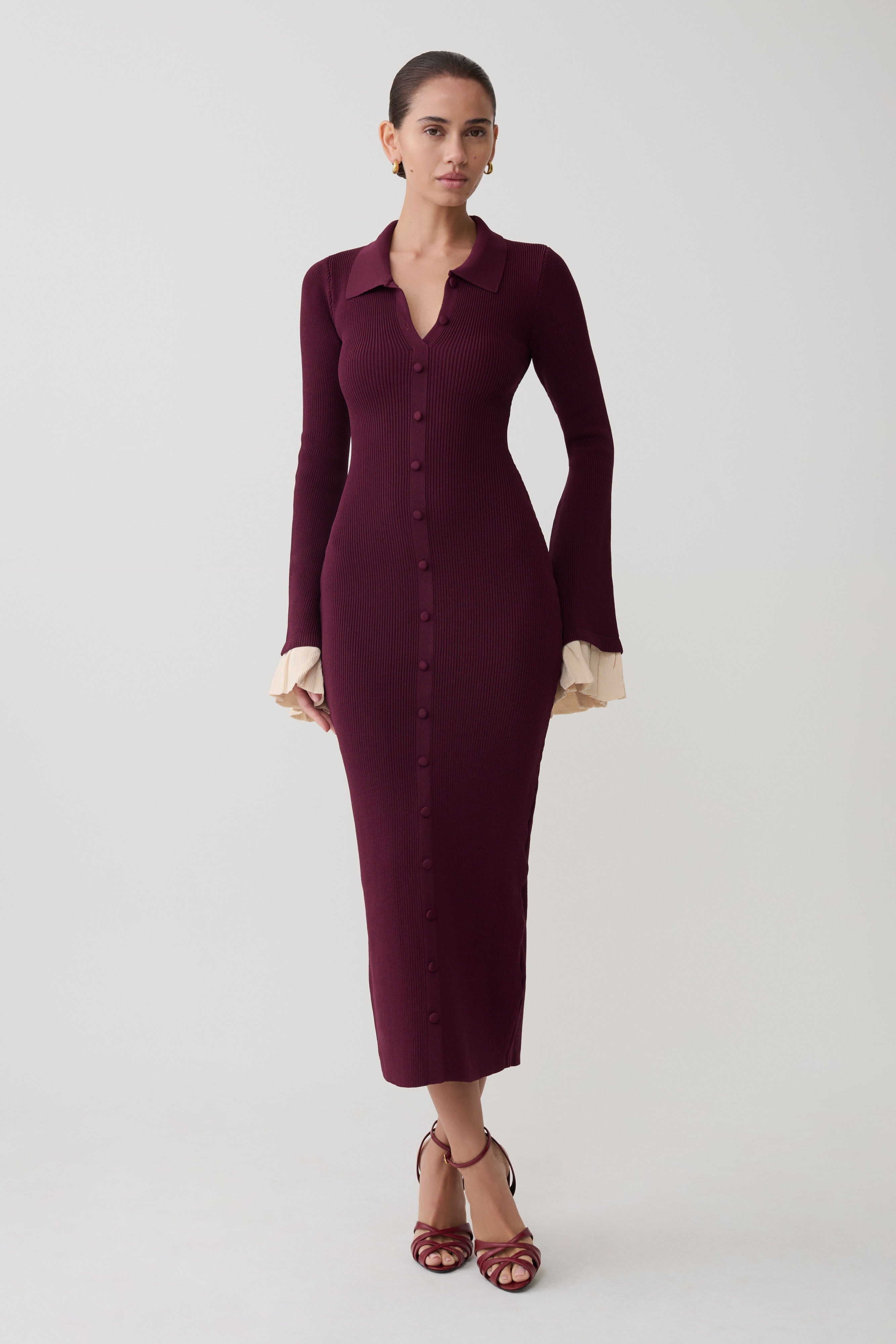 Amirose Ruffle Knit Midi Dress
