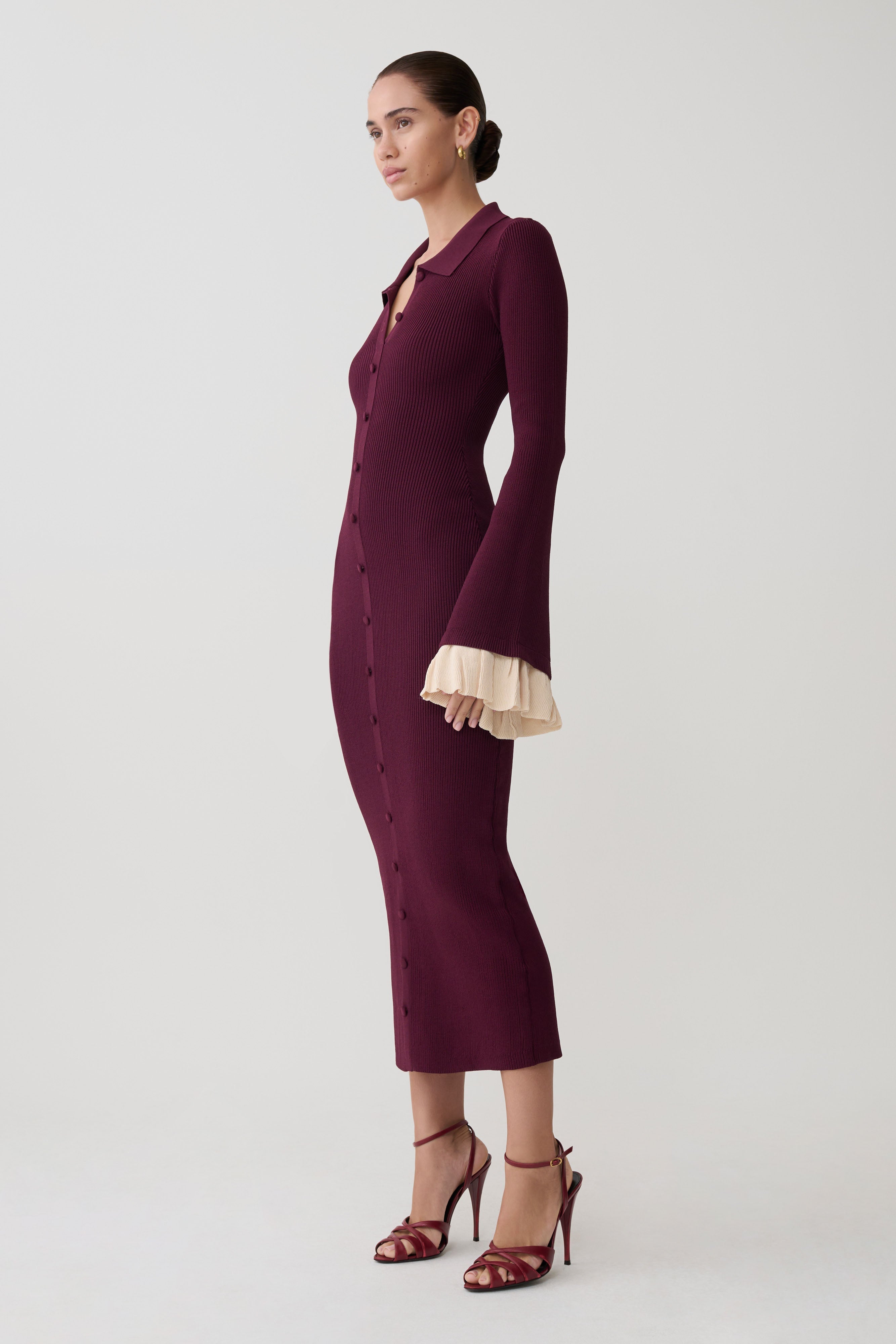 Amirose Ruffle Knit Midi Dress