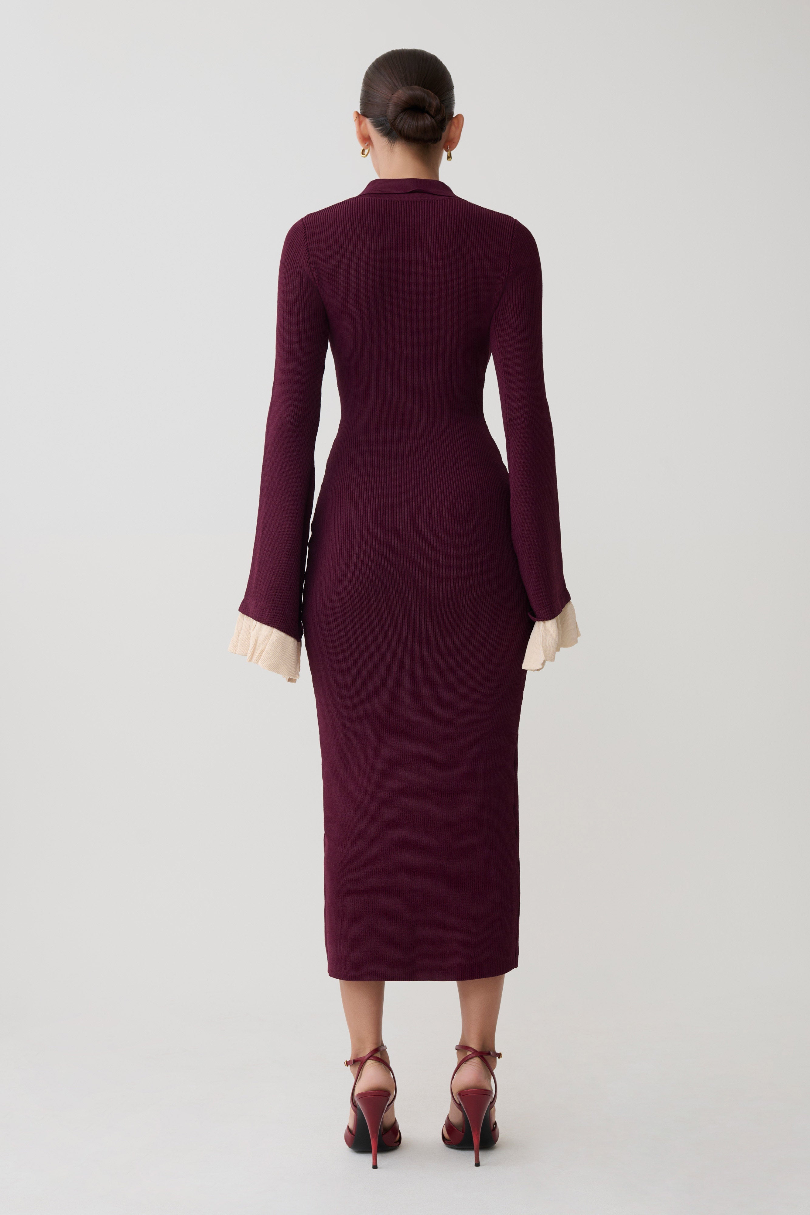 Amirose Ruffle Knit Midi Dress