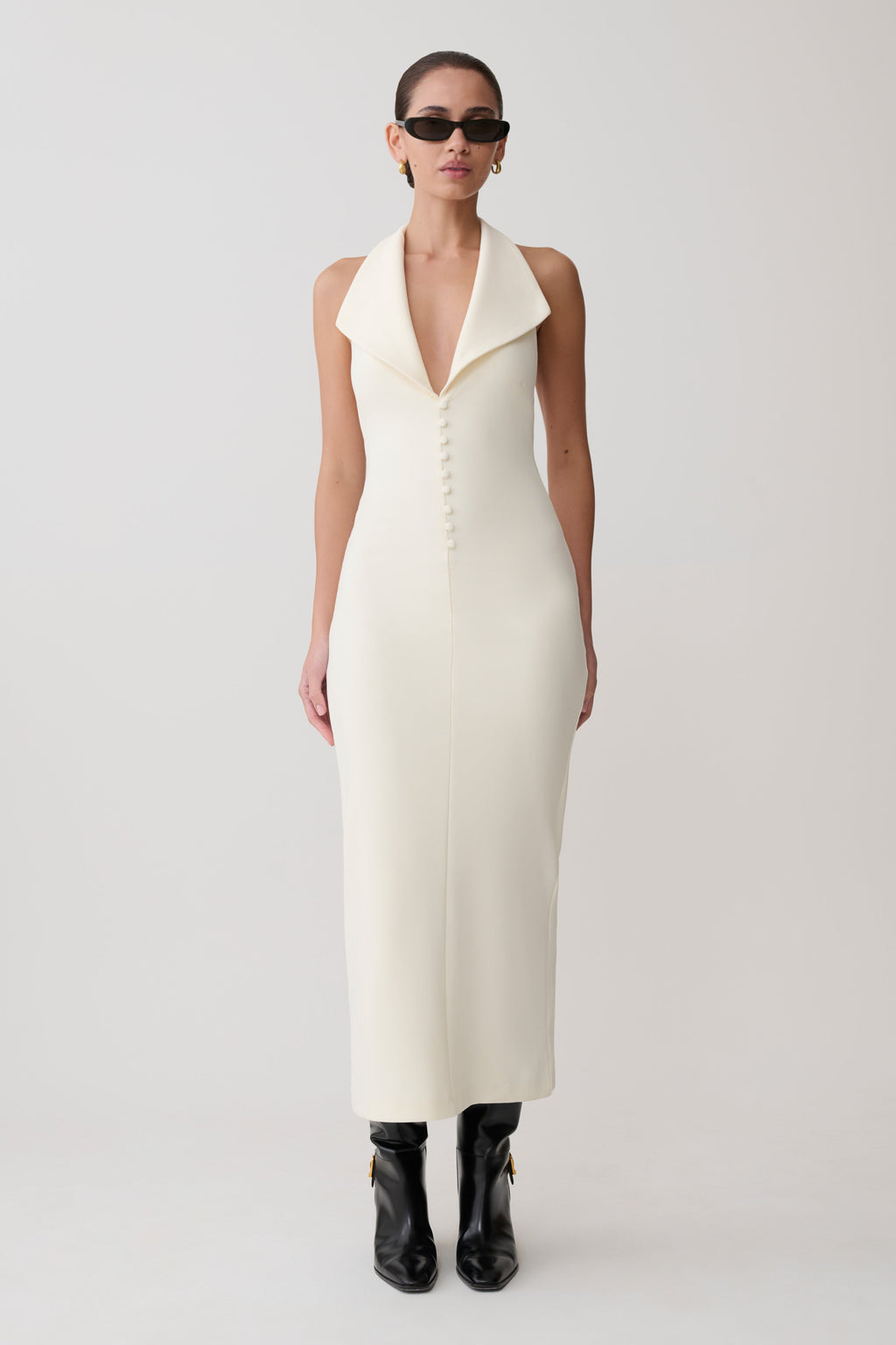 Annita Crepe Halter Midi Dress in Ivory – Chic&Drifts