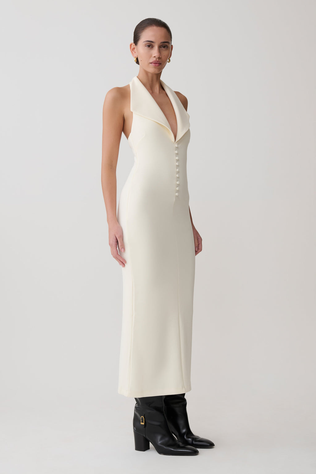 Annita Crepe Halter Midi Dress in Ivory – Chic&Drifts
