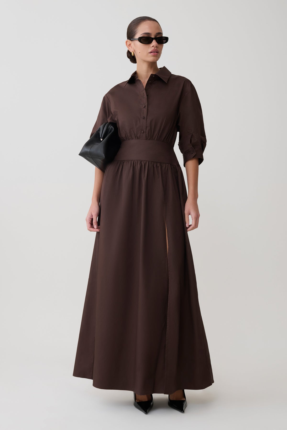 Isolde Long Sleeve Cotton Maxi Dress in Dark Chocolate – Chic&Drifts