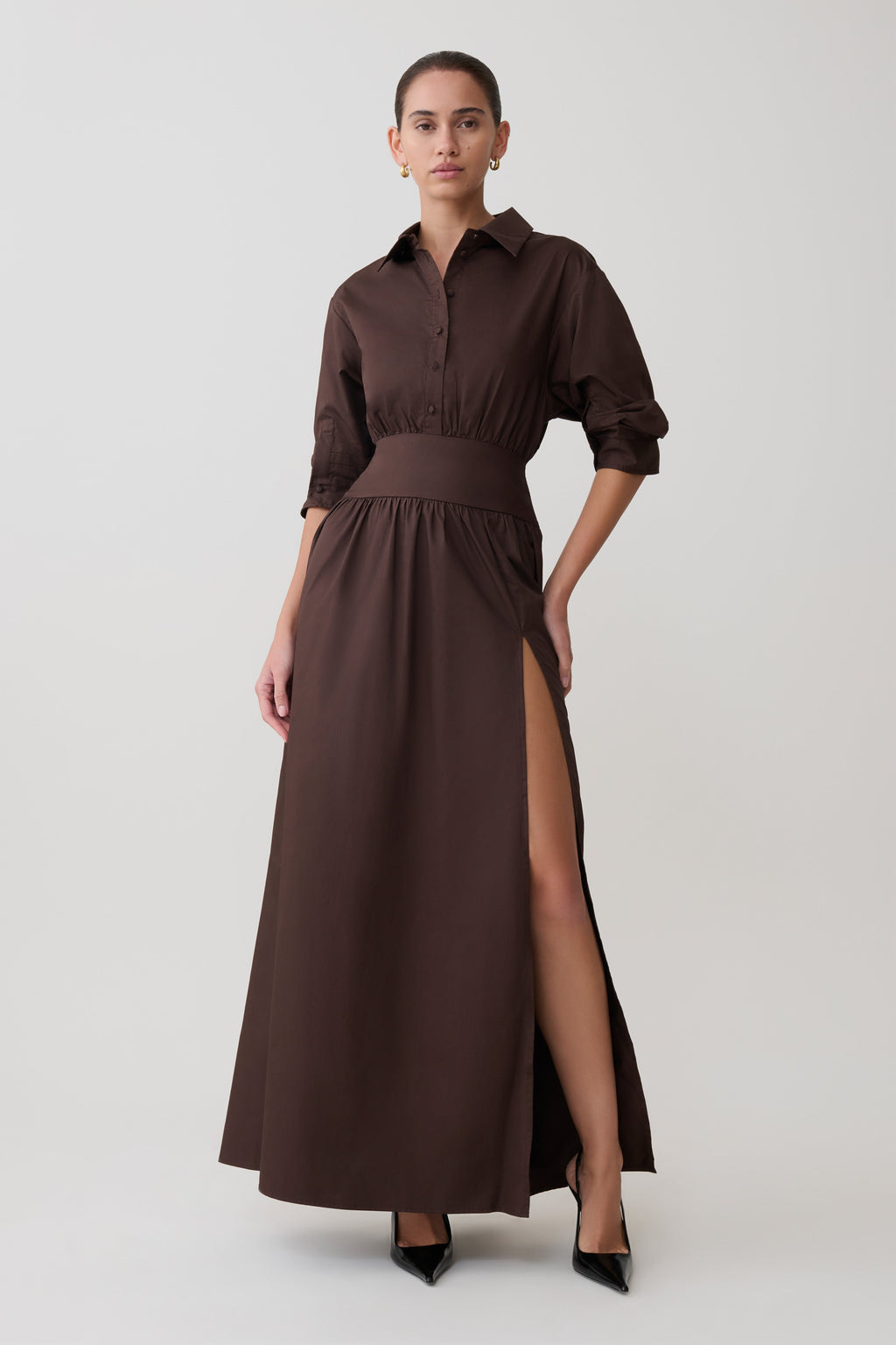 Isolde Long Sleeve Cotton Maxi Dress in Dark Chocolate – Chic&Drifts