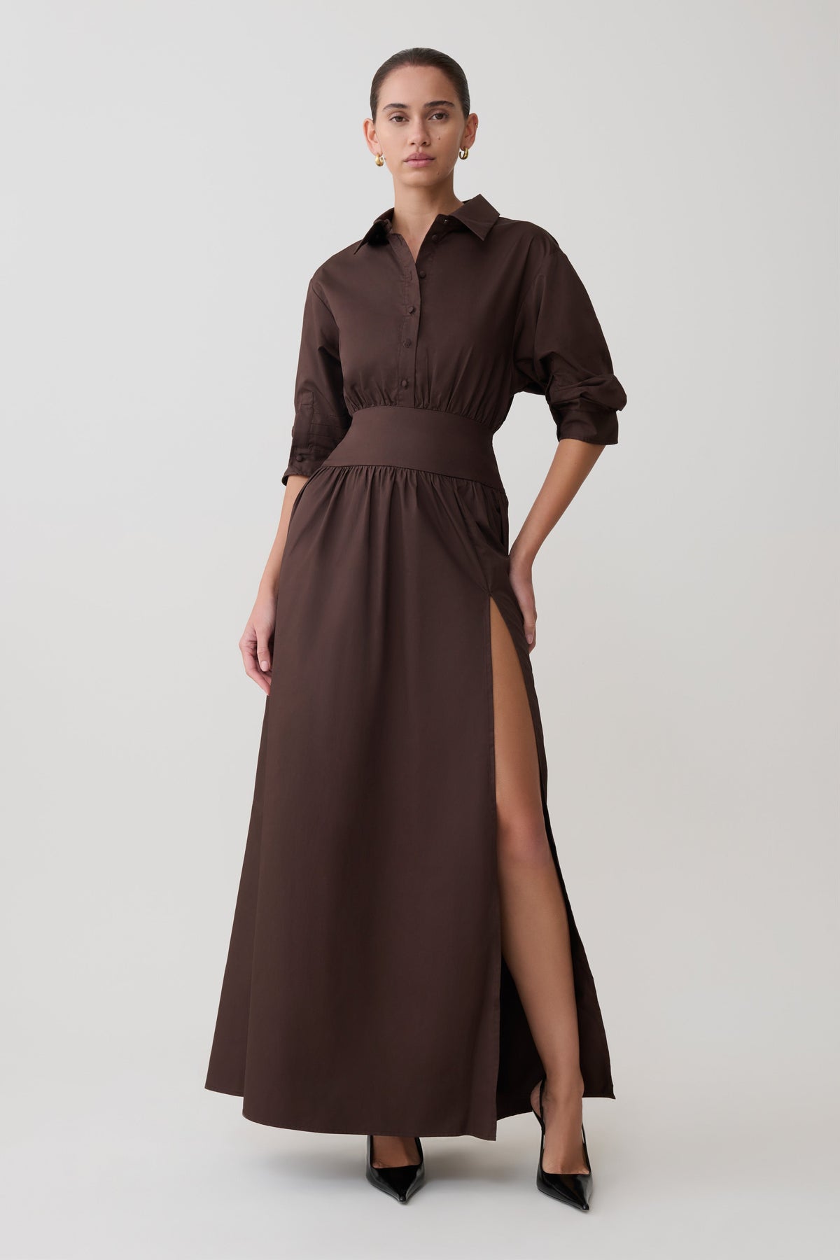 Isolde Long Sleeve Cotton Maxi Dress in Dark Chocolate – Chic&Drifts